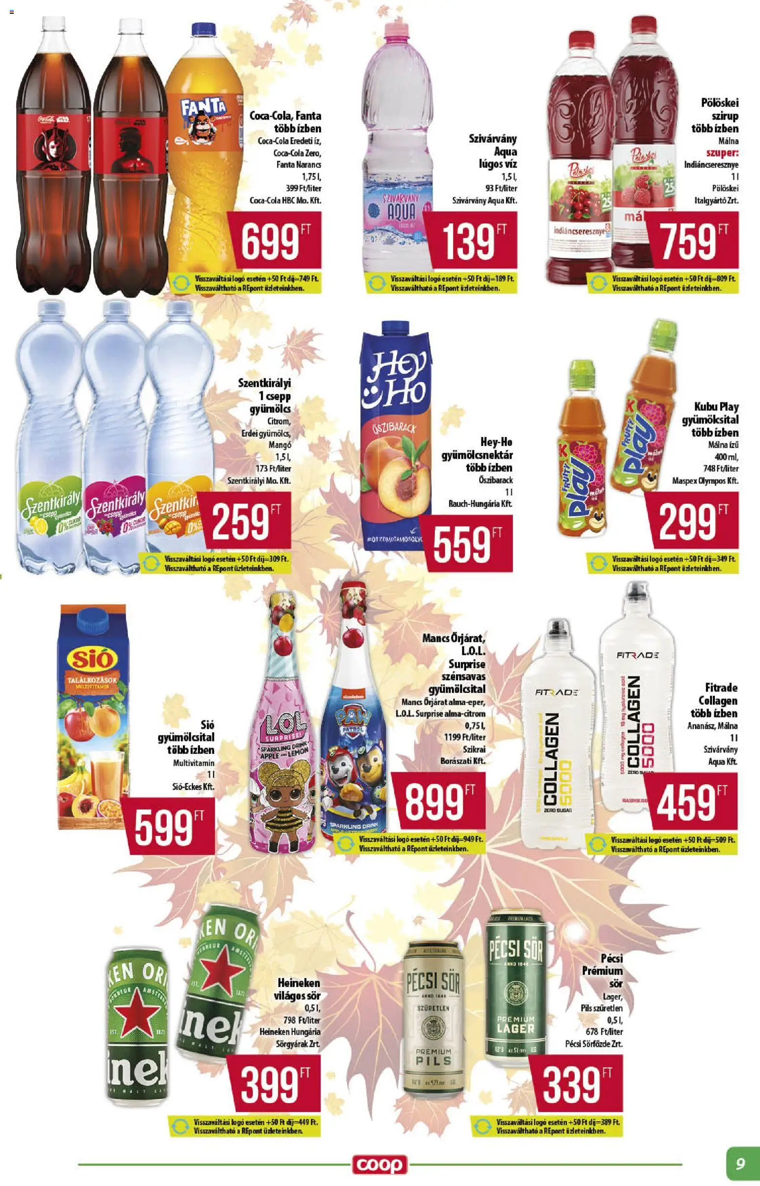 COOP akciós ujság - amely érvényes a következő dátumtól: 13.11.2025 | Oldal: 9 | Termékek: Gyümölcs, Heineken, Gyümölcsnektár, Sör