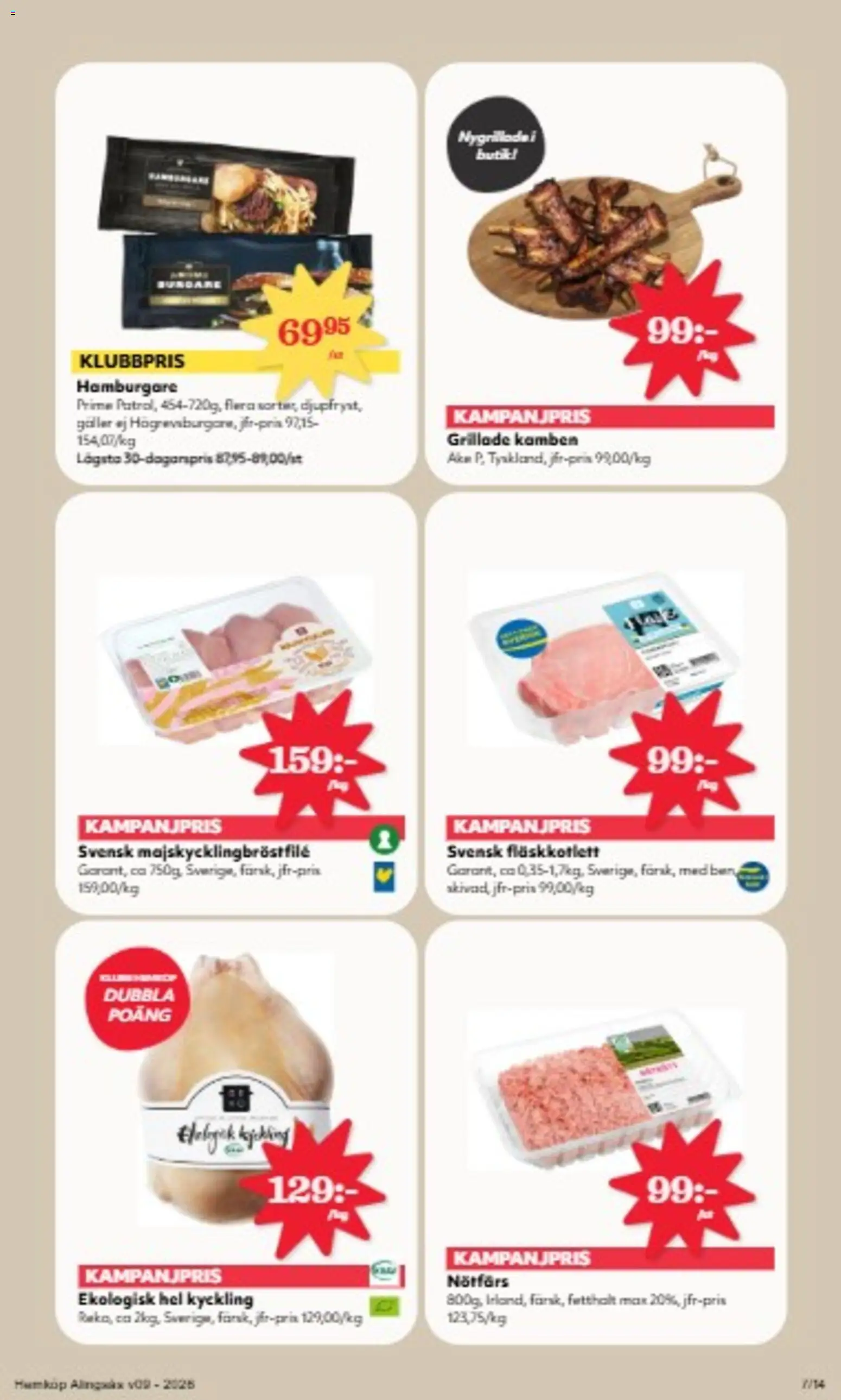 Hemköp reklamblad aktuell från 23.02.2026 | Sida: 7 | Produkter: Hamburgare, Nötfärs, Galler
