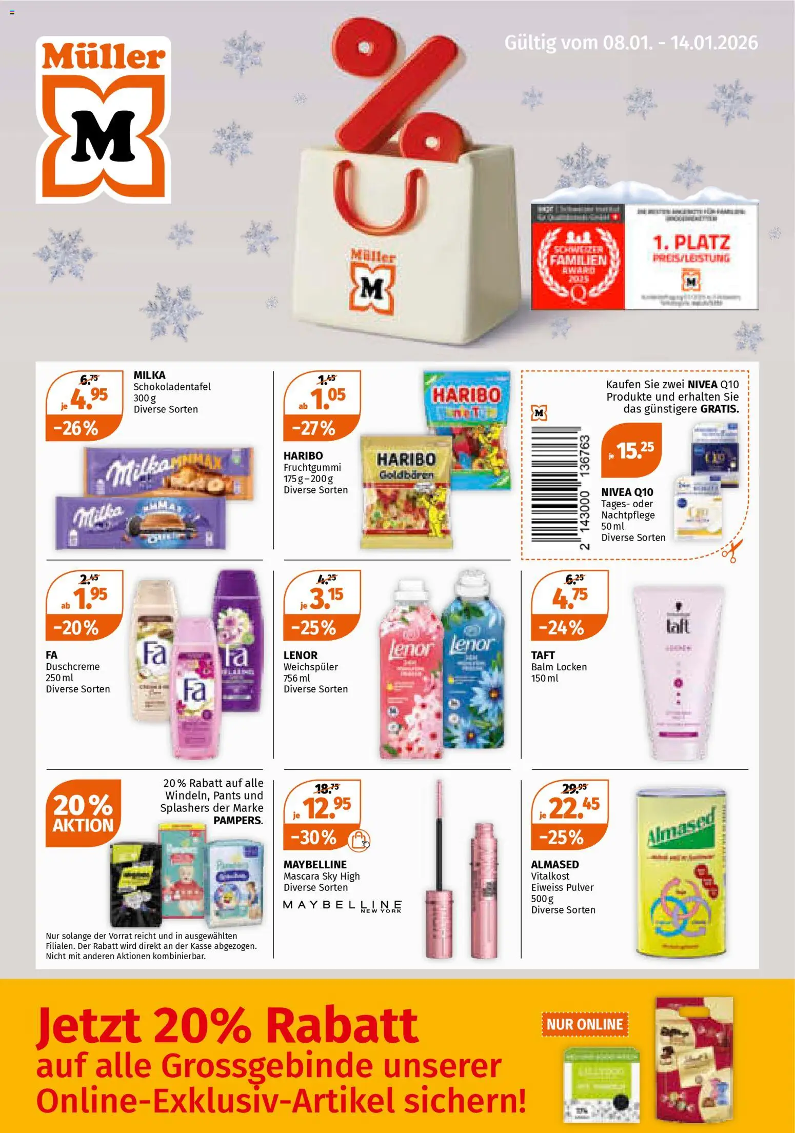 Müller Aktionen – gültig ab 08.01.2026 | Seite: 1 | Produkte: Pulver, Weichspüler, Duschcreme, Mascara