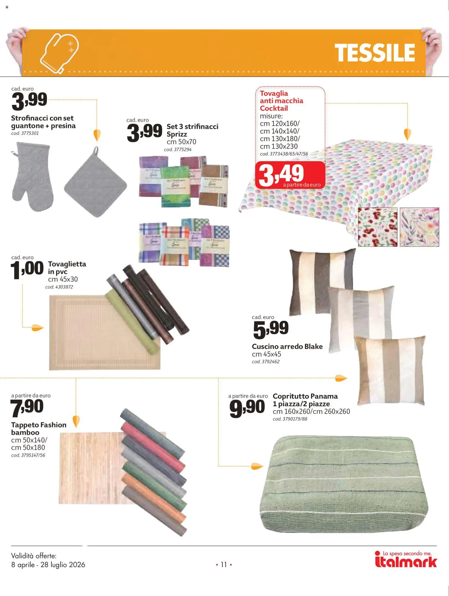 Volantino Italmark del 08.04.2026 | Pagina: 11 | Prodotti: Presina, Tovaglia, Strofinacci, Tappeto