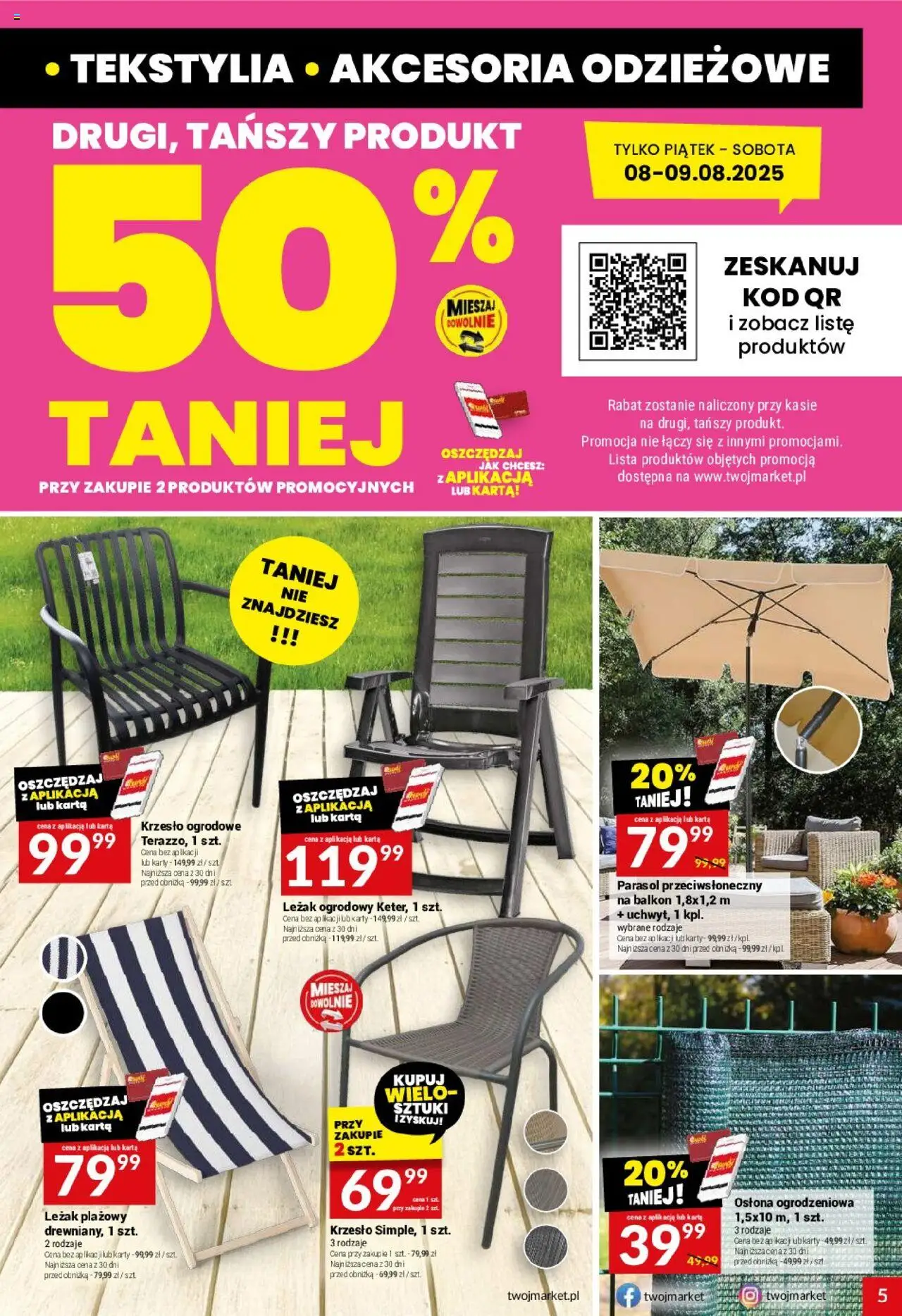 Twój Market Gazetka od 06.08.2025 | Strona: 5 | Produkty: Parasol, Leżak, Leżak ogrodowy, Tekstylia