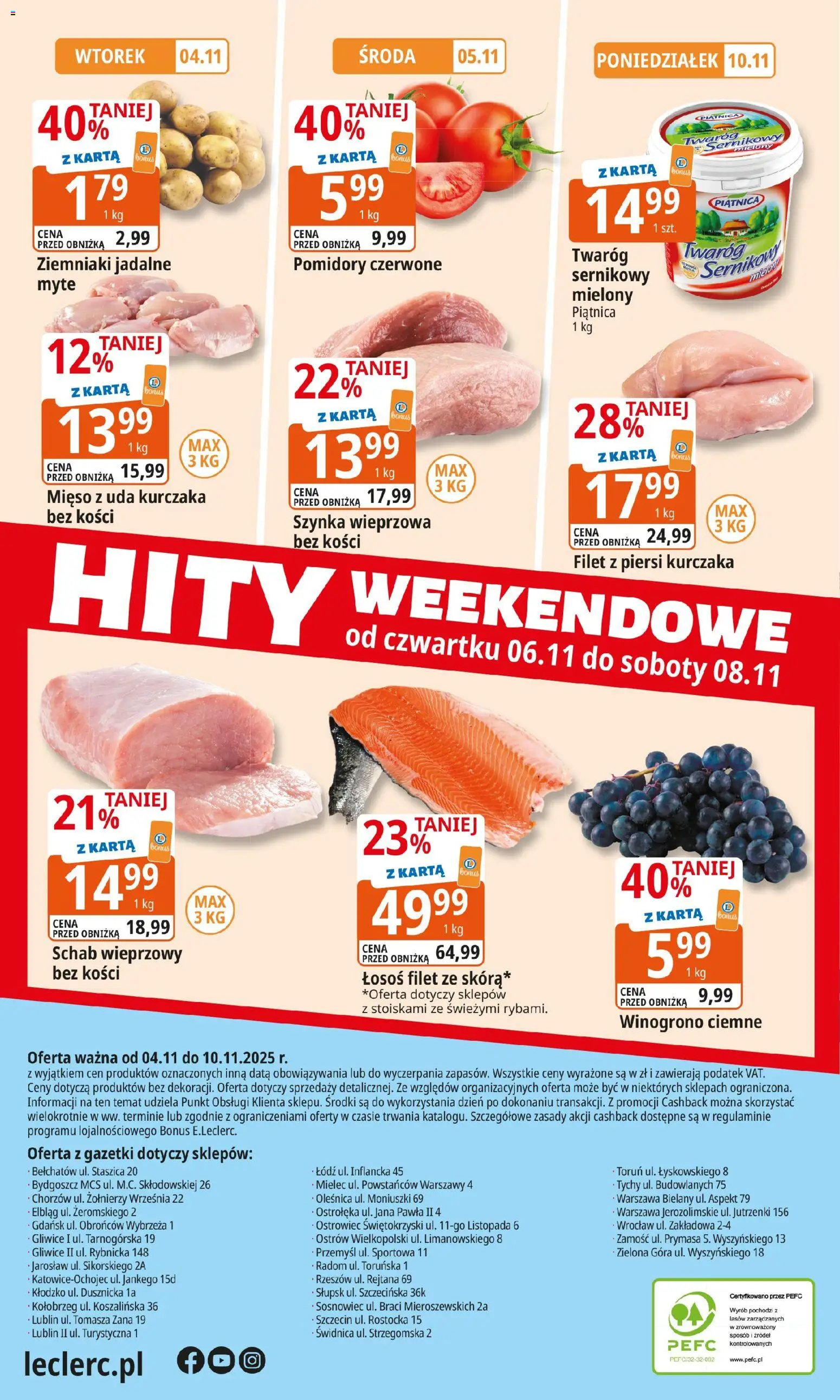 E.Leclerc Gazetka - Warszawa Jerozolimskie od 04.11.2025 | Strona: 16 | Produkty: Schab wieprzowy, Szynka, Filet z piersi kurczaka, Pomidory