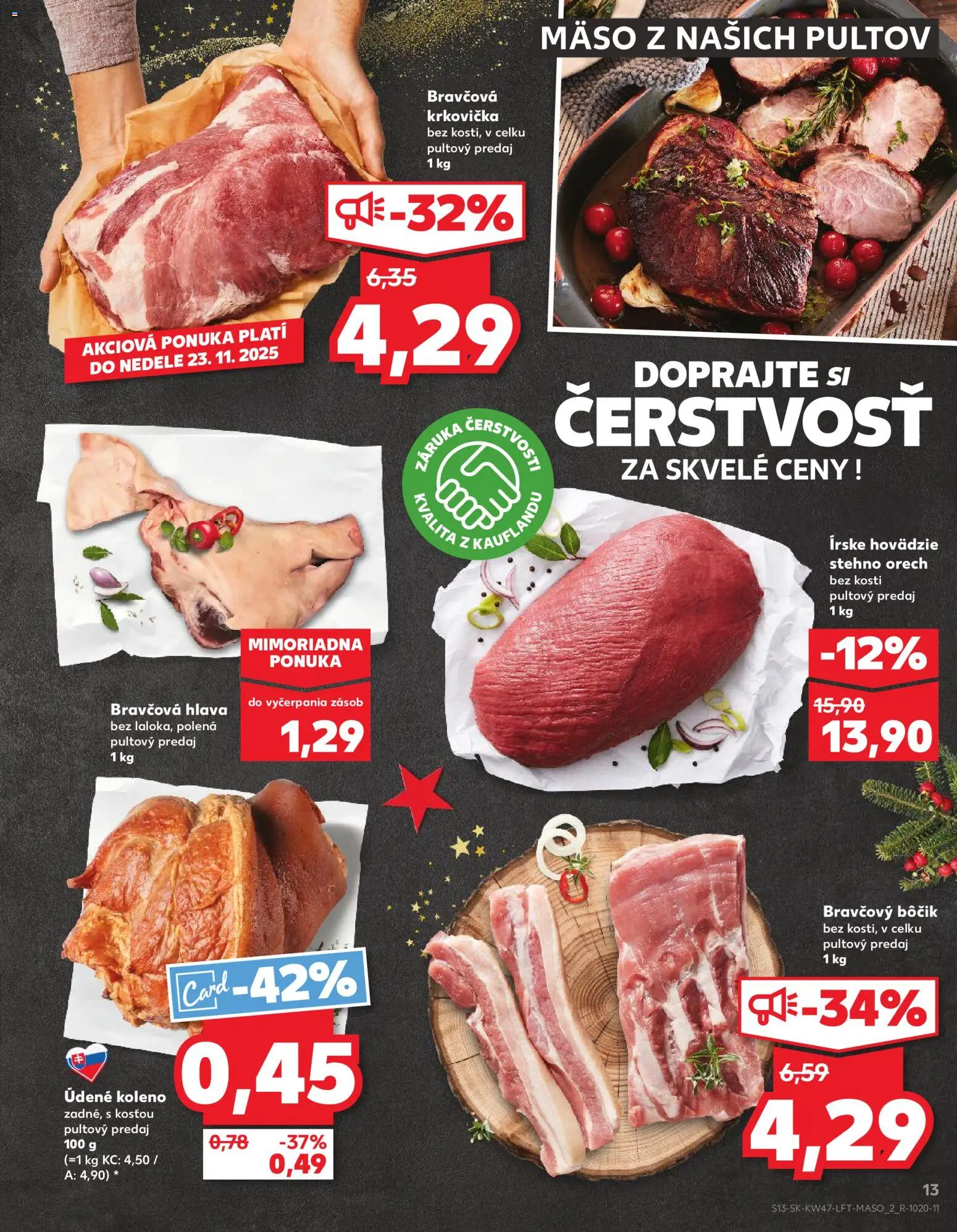Nové Kaufland akcie – leták je platný od 20.11.2025 | Strana: 13 | Produkty: Bravčová krkovička, Bravčový bôčik, Krkovička, Údené koleno