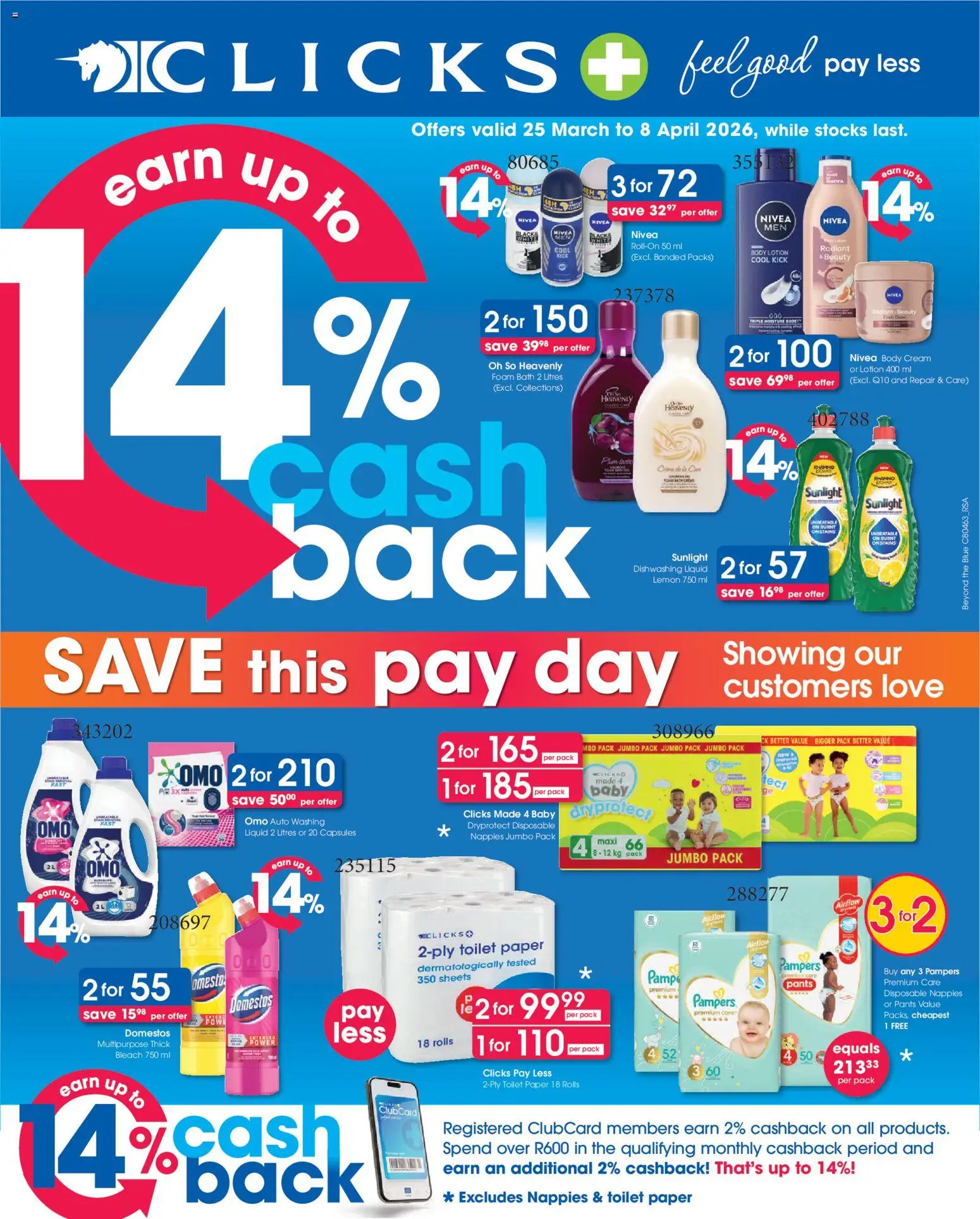 New Clicks catalogue – valid from 25.03.2026 | Page: 1 | Products: Bleach, Deodorant, Toilet paper, Dishwashing liquid