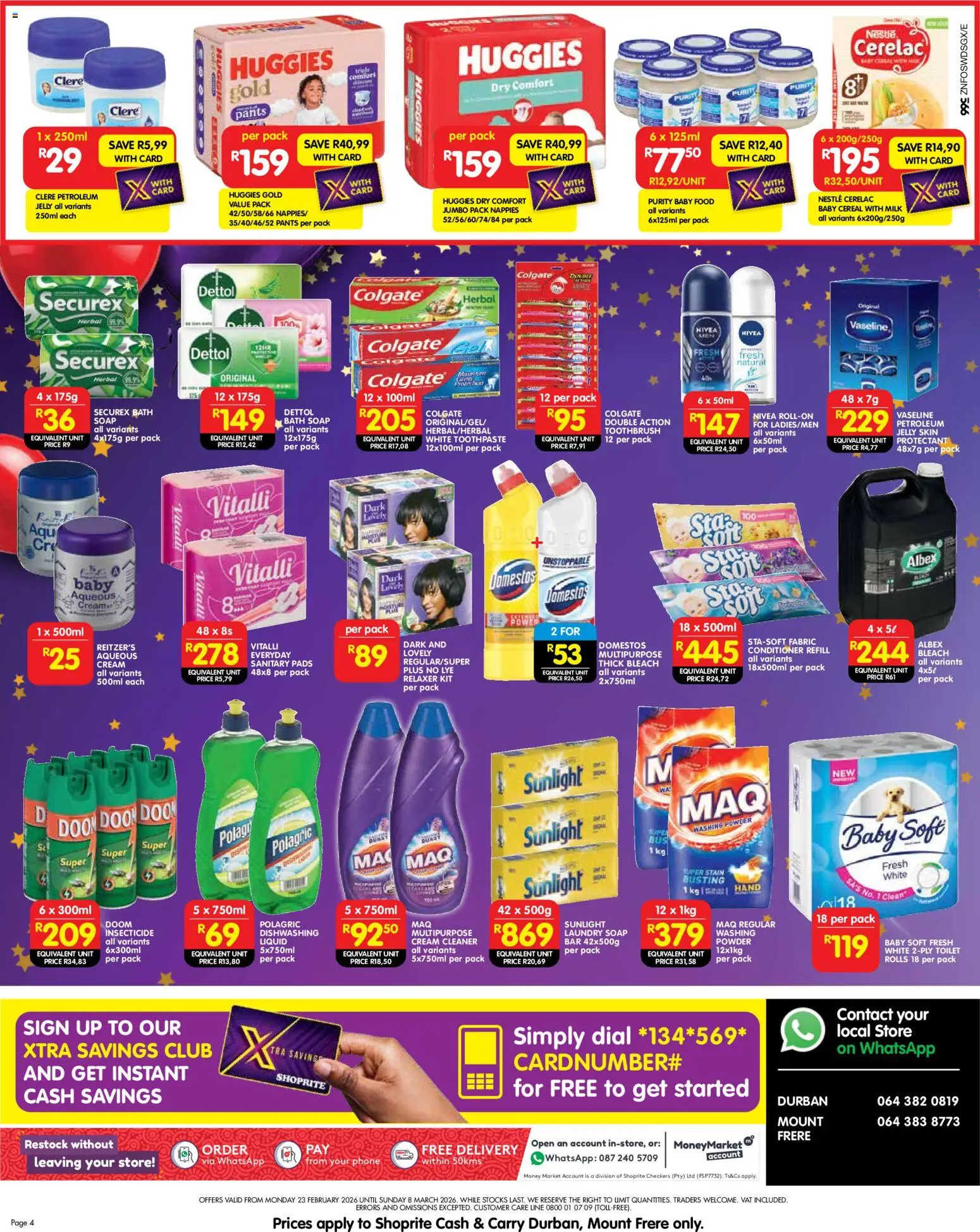 New Shoprite catalogue – valid from 23.02.2026 | Page: 4 | Products: Bath, Bleach, Toothpaste, Toothbrush