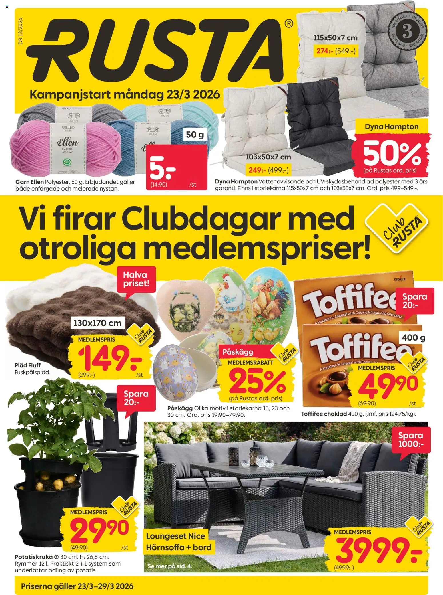 Rusta reklamblad aktuell från 23.03.2026 | Sida: 1 | Produkter: Pläd, Galler, Bord, Choklad
