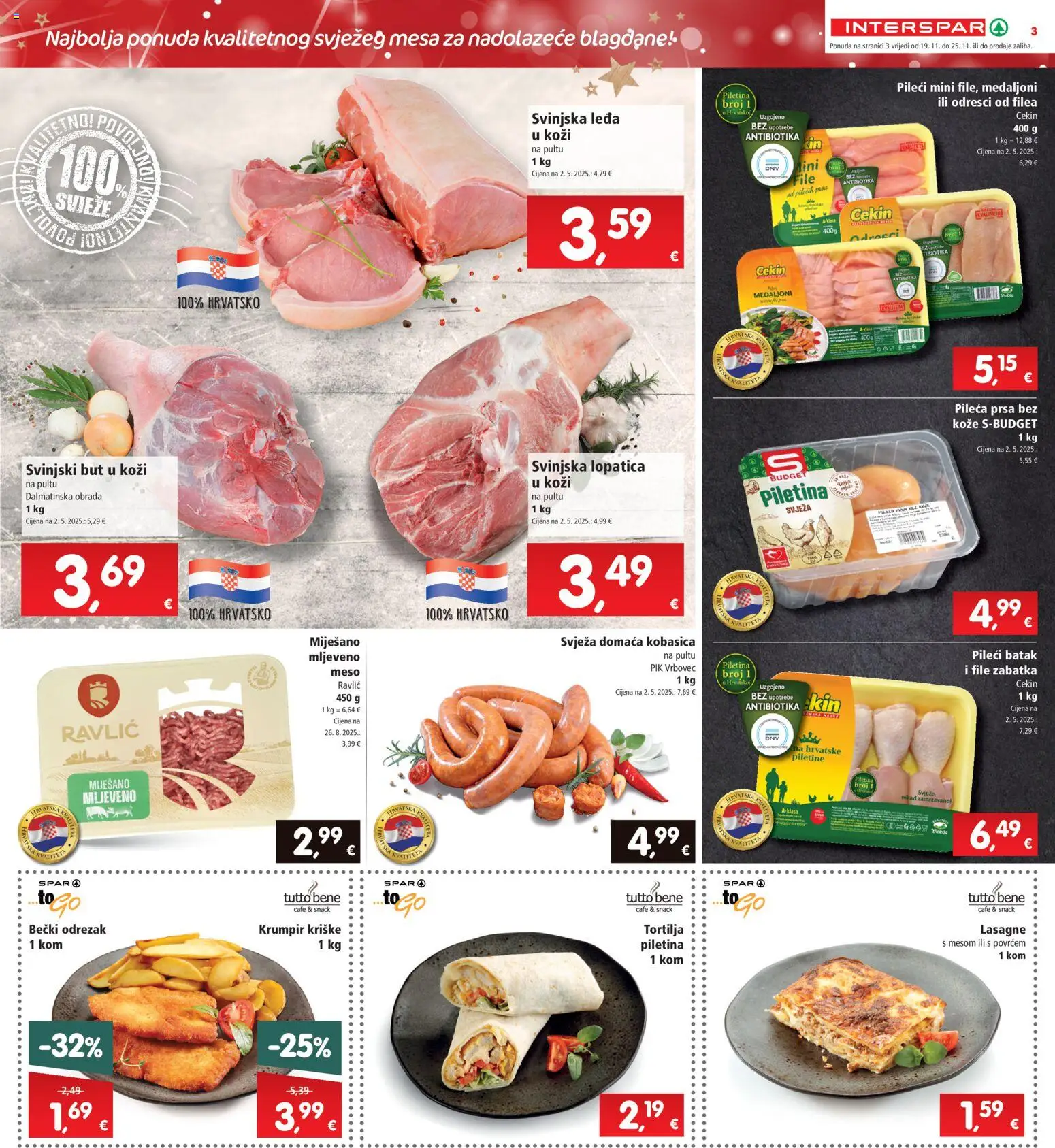 Interspar katalog | vrijedi od 19.11.2025 | Stranica: 3 | Proizvodi: Svinjska lopatica, Piletina, Kobasica, Pik Vrbovec
