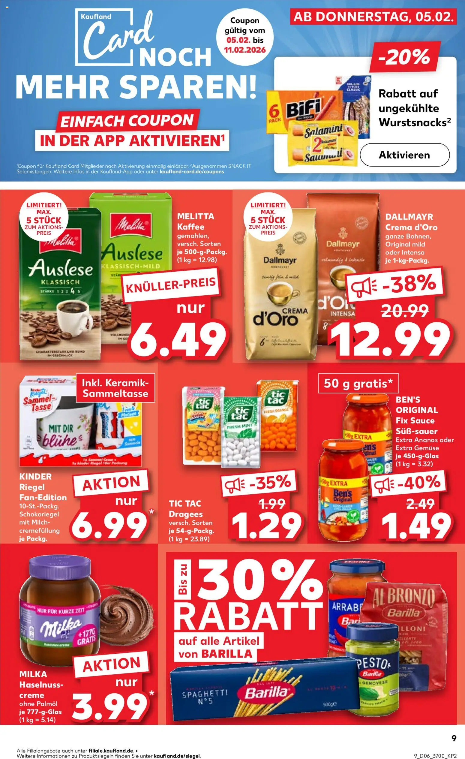 Kaufland prospekt Rostock	 – gültig ab 05.02.2026 | Seite: 9 | Produkte: Melitta, Barilla, Bifi, Creme