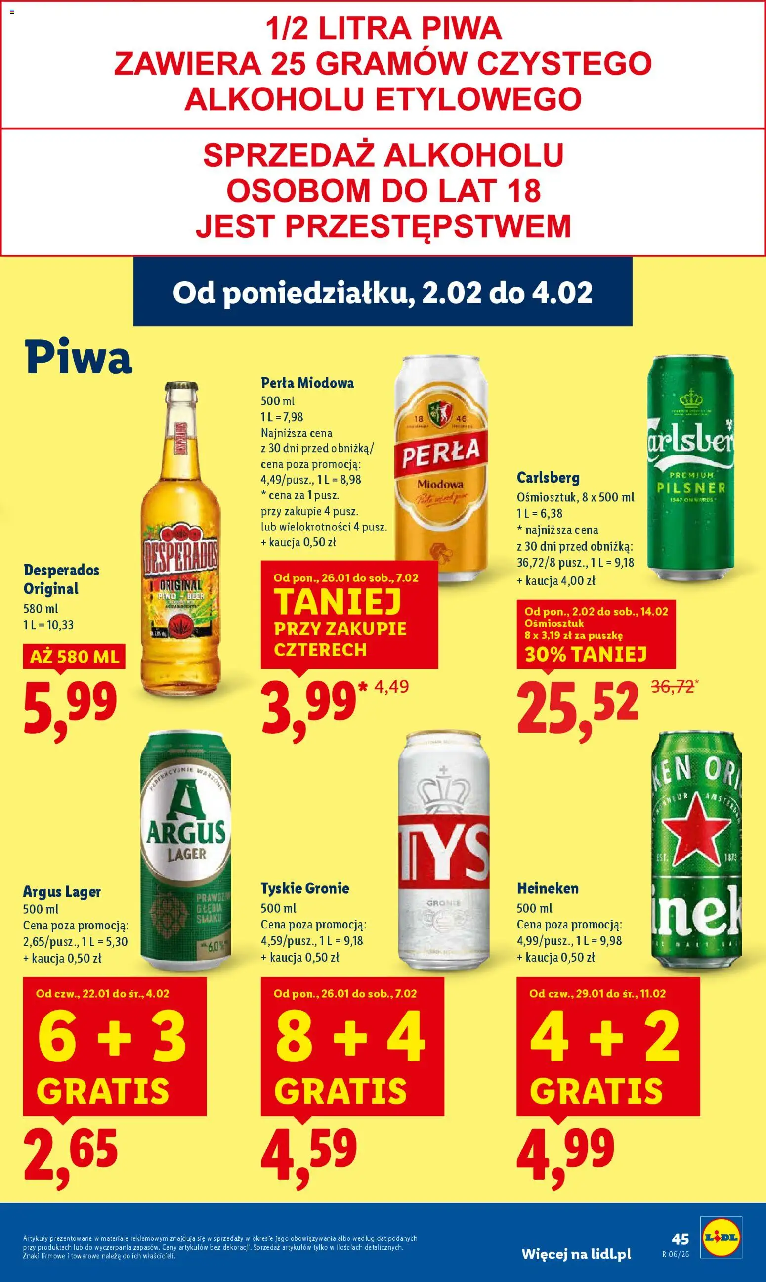 Lidl Gazetka od 02.02.2026 | Strona: 45 | Produkty: Tyskie, Piwo, Heineken