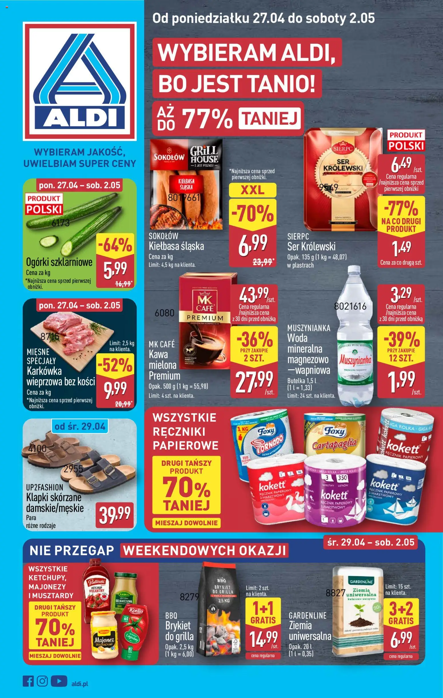 Aldi gazetka od 27.04.2026 | Strona: 1 | Produkty: Kiełbasa, Karkówka, Karkówka wieprzowa, Ręcznik papierowy