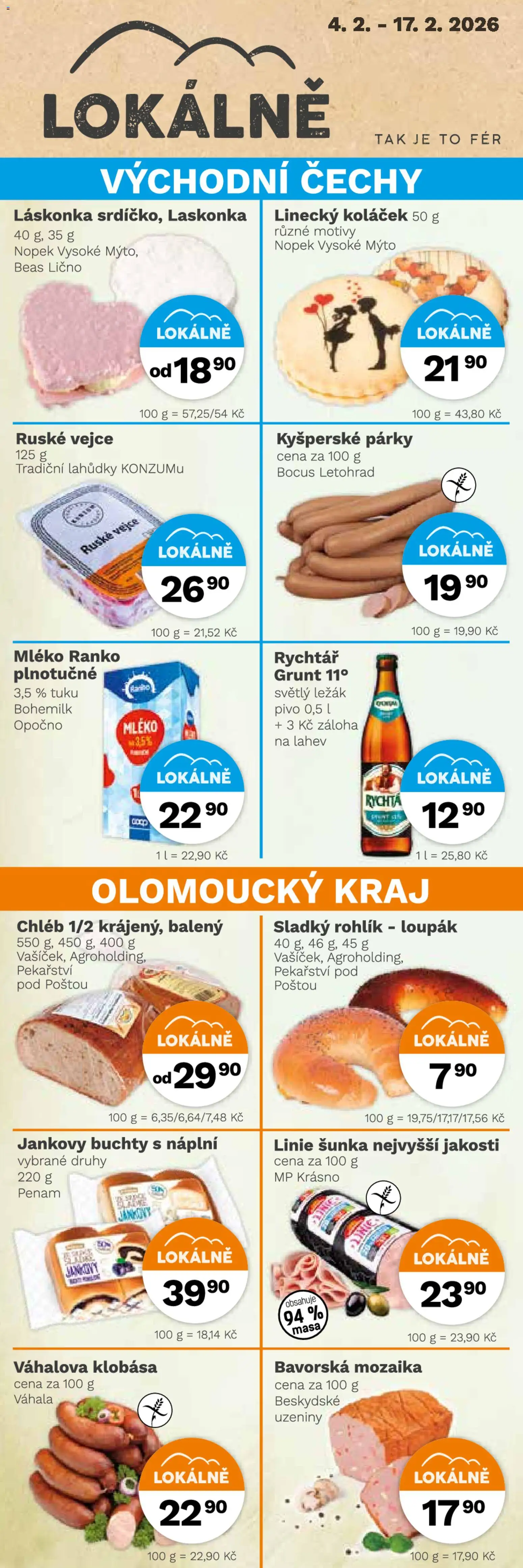 Konzum leták od 04.02.2026 | Strana: 2 | Produkty: Párky, Rohlík, Uzeniny, Láhev
