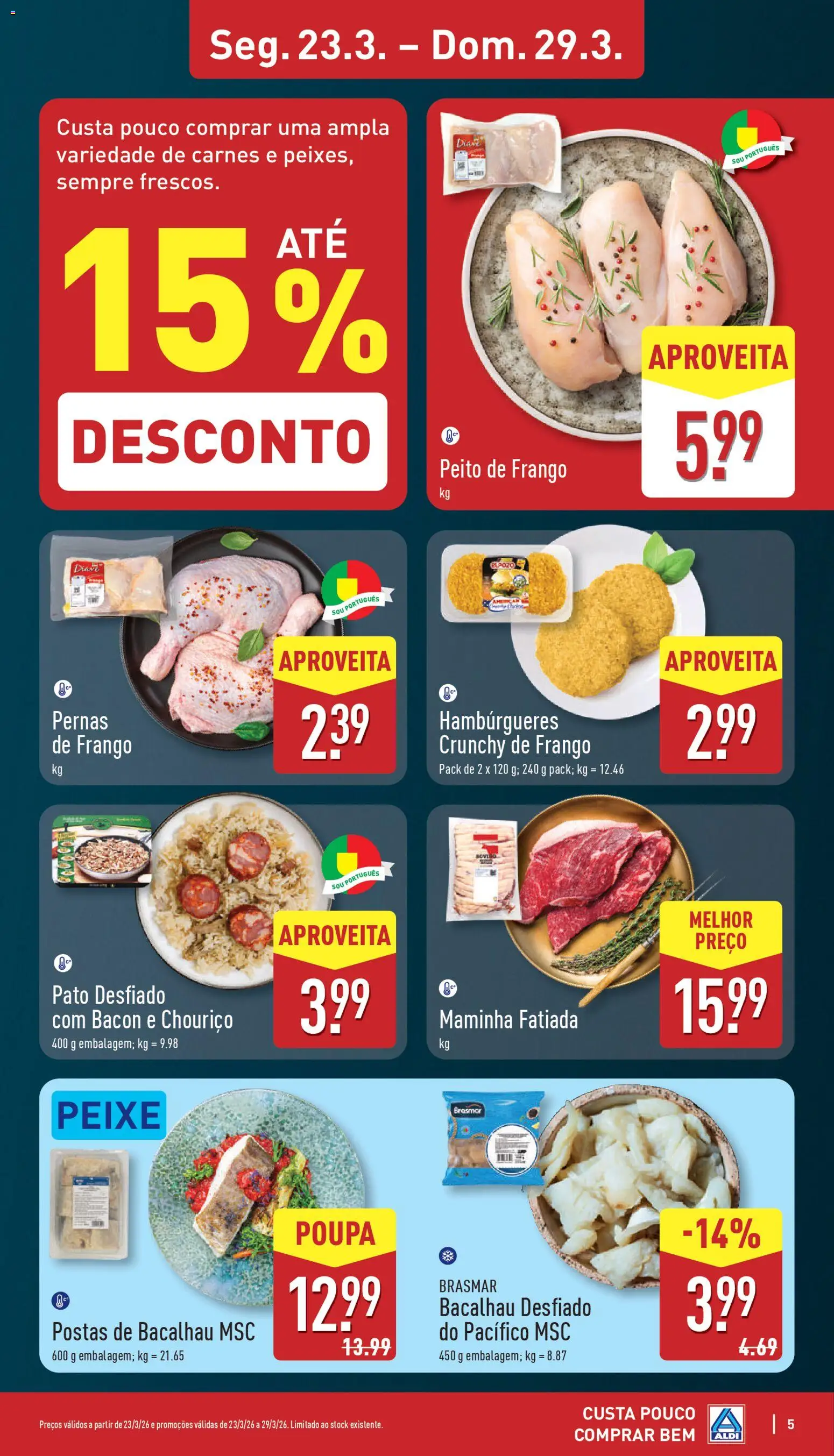 Aldi folheto │ válido de 23.03.2026 | Página: 5 | Produtos: Bacon, Peito de frango, Frango, Peixe