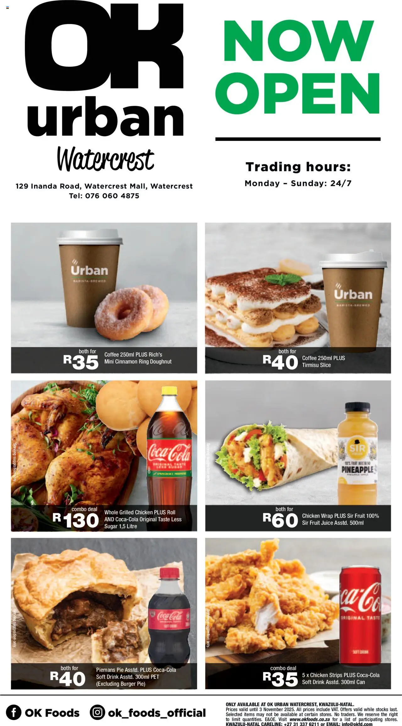 New OK Foods catalogue – valid from 08.10.2025 | Page: 1 | Products: Coffee, Juice, Chicken, Pineapple