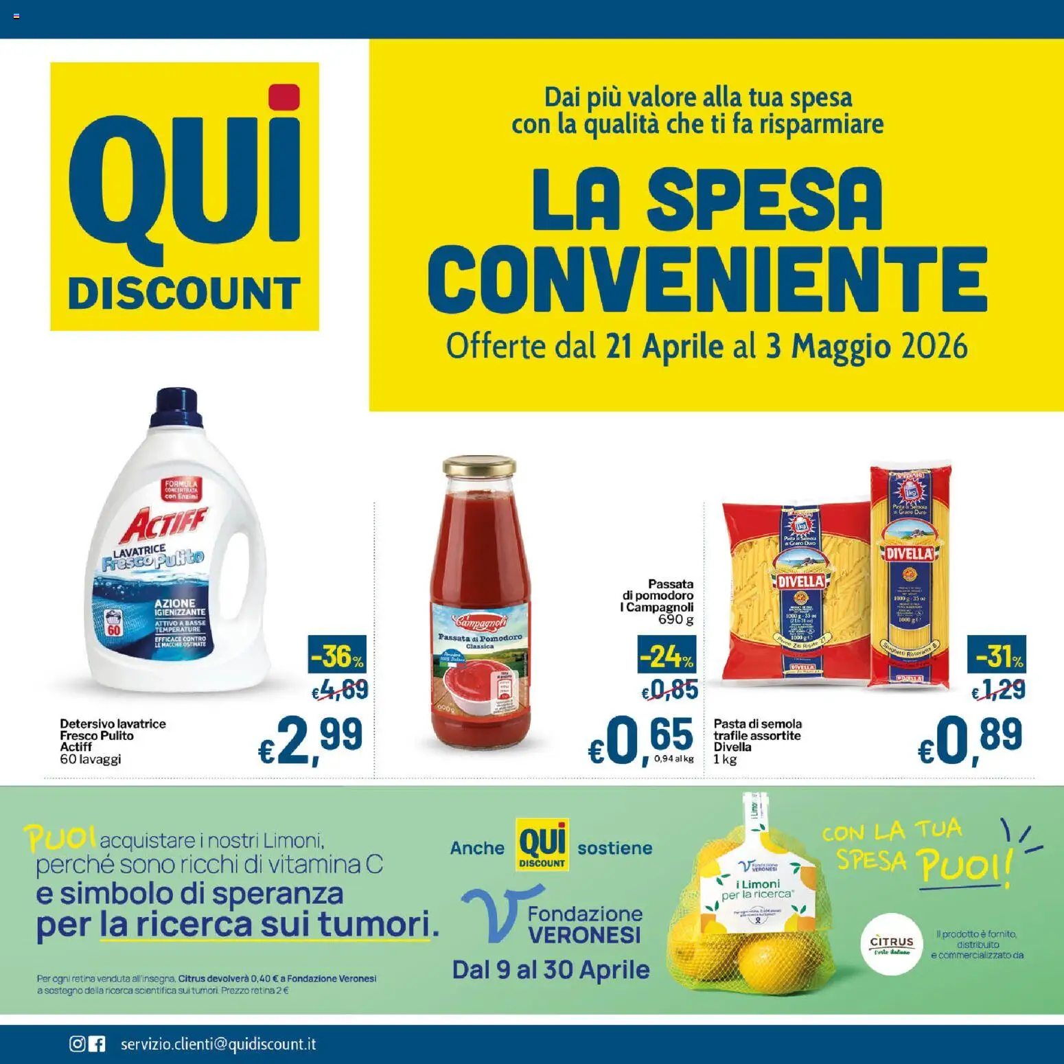 Volantino Qui Discount del 21.04.2026 | Pagina: 1 | Prodotti: Pomodoro, Pasta, Lavatrice, Passata di pomodoro