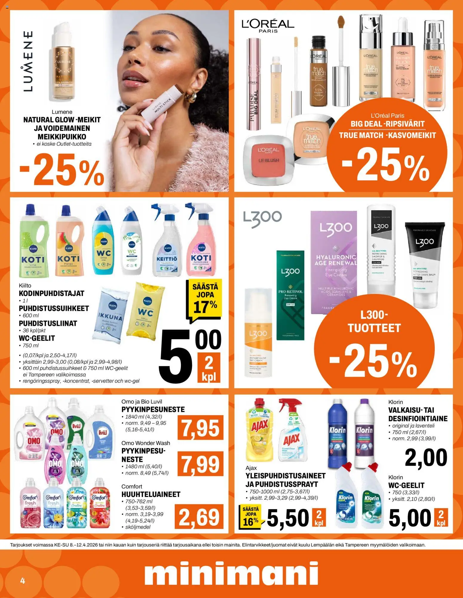 Minimani tarjoukset – voimassa 08.04.2026 alkaen | Sivu: 4 | Tuotteet: Shampoo, After shave, Puhdistusliinat, Keittiö