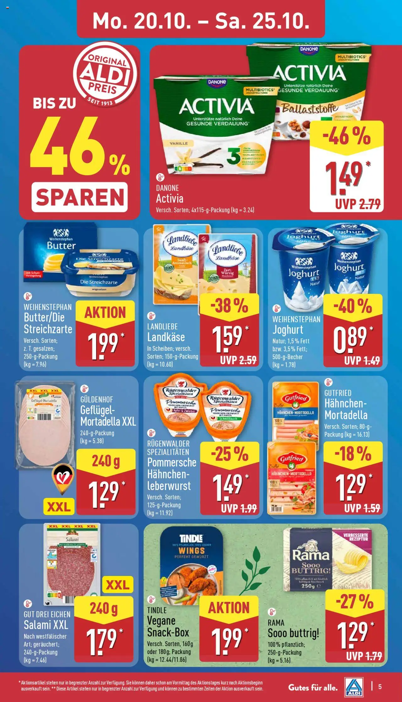 Aldi Prospekt 	 – gültig ab 20.10.2025 | Seite: 5 | Produkte: Hahnchen, Rama, Butter, Salami
