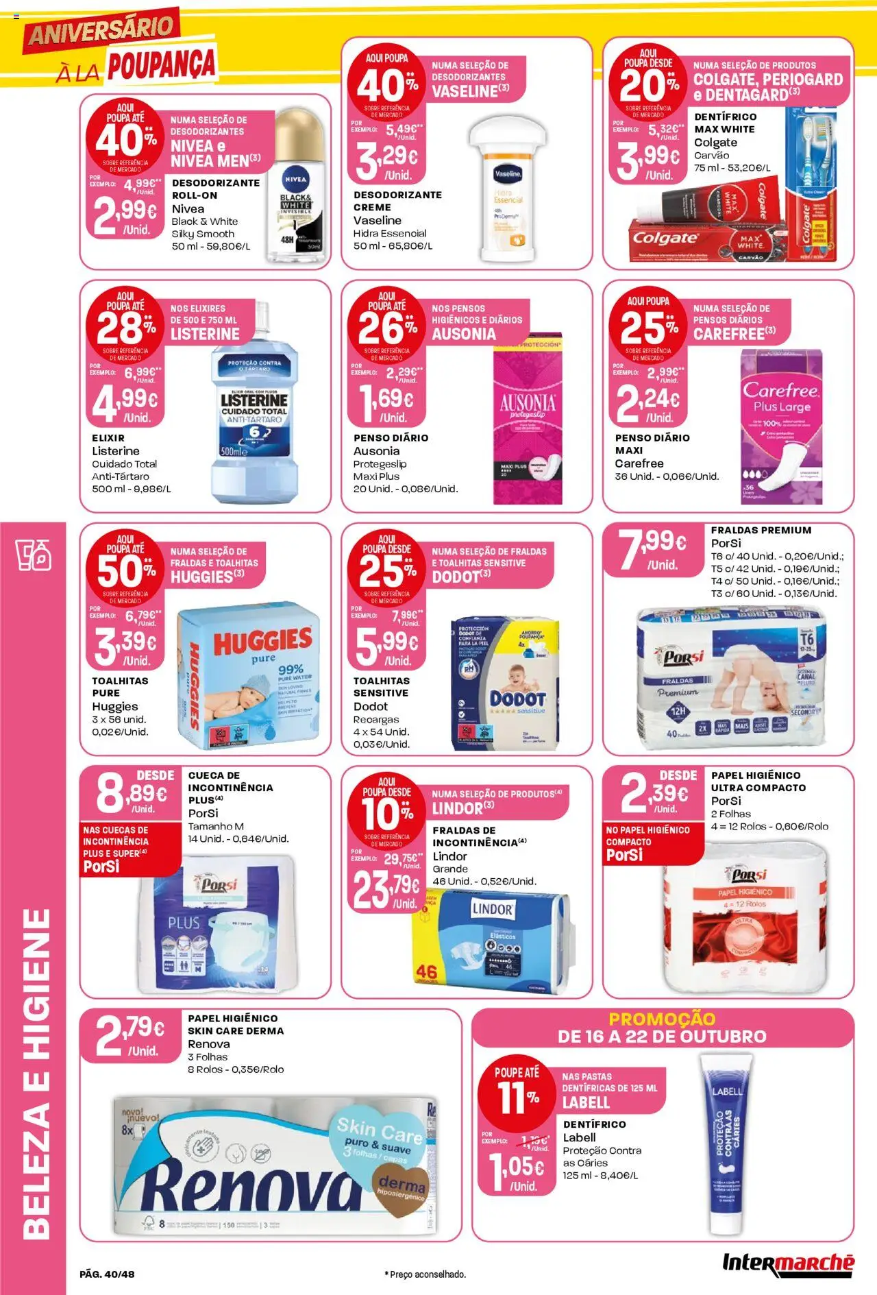 Intermarché folheto │ válido de 16.10.2025 | Página: 40 | Produtos: Fraldas, Desodorizante, Creme, Cuecas