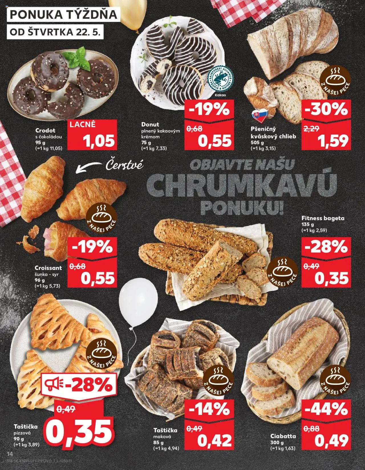 Nové Kaufland akcie – leták je platný od 22.05.2025 | Strana: 14 | Produkty: Syr, Chlieb, Pizza, Croissant