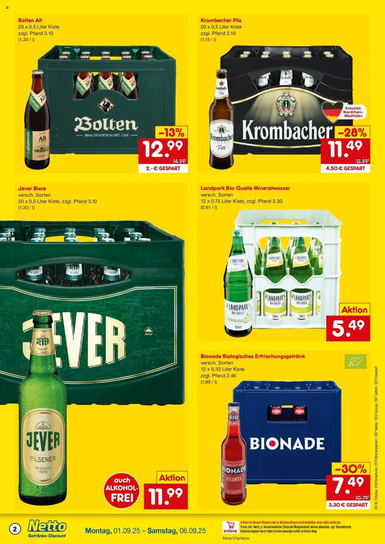 Netto Marken-Discount prospekt Mönchengladbach	 – gültig ab 01.09.2025 | Seite: 2 | Produkte: Pils, Mineralwasser, Jever, Krombacher