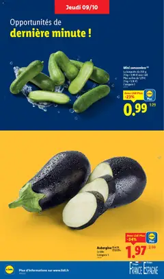 LIDL - Prévisualisation de Mini concombre (3), La barquette de 250 g (1 kg = 3,96 €) avec Lidl Plus au lieu de 1,29 € (1 kg = 5,16 €) Catégorie 1 valide à partir de 09.10.2025 | Page: 4 | Produits: Concombre, Aubergine