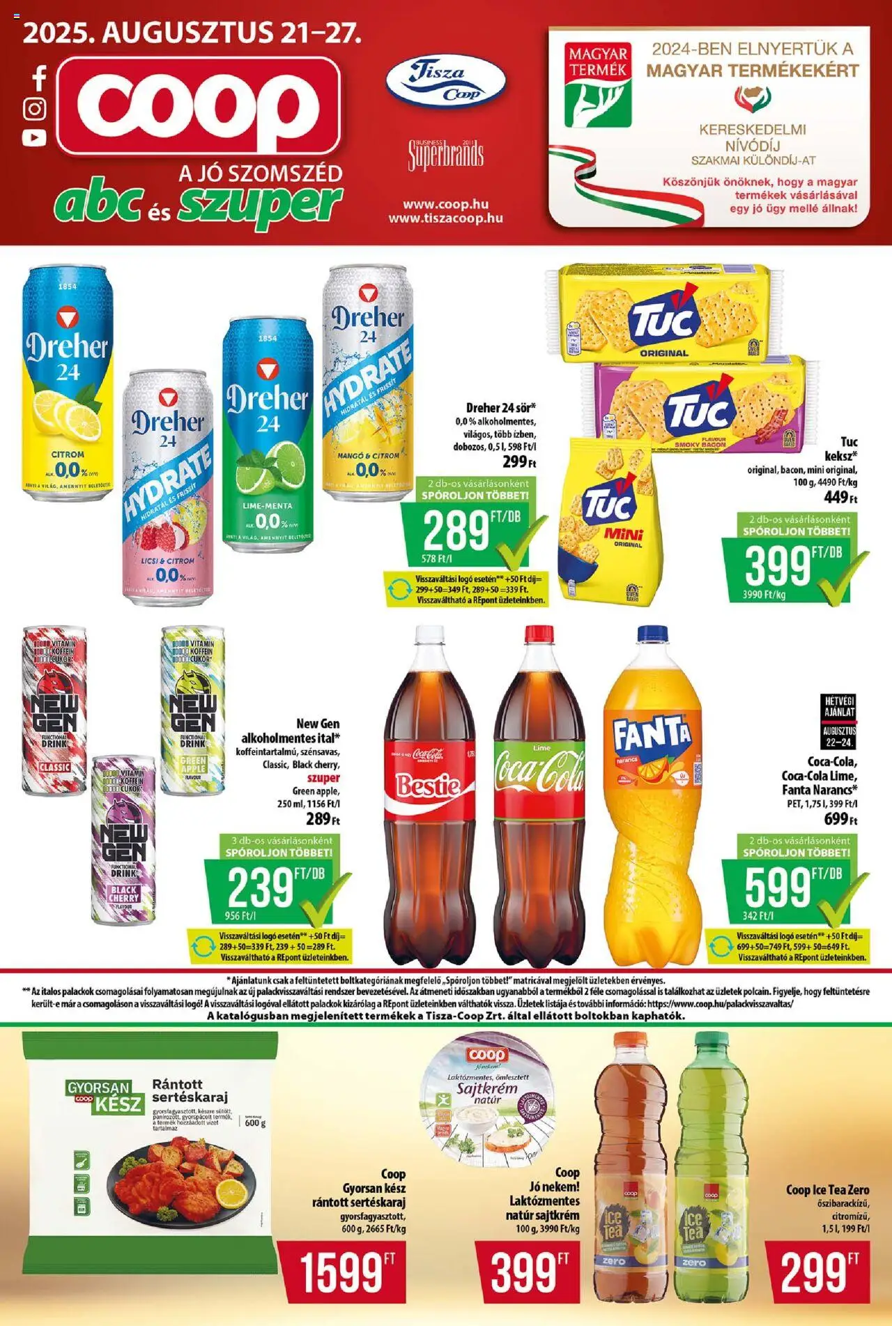 COOP akciós ujság - amely érvényes a következő dátumtól: 21.08.2025 | Oldal: 1 | Termékek: Lime, Fanta, Bacon, Narancs