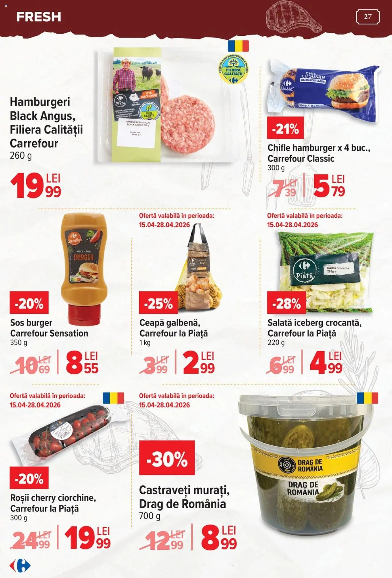 Noul catalog Carrefour – valabil de la 15.04.2026 | Pagină: 27 | Produse: Castraveți, Burger, Ceapă, Sos