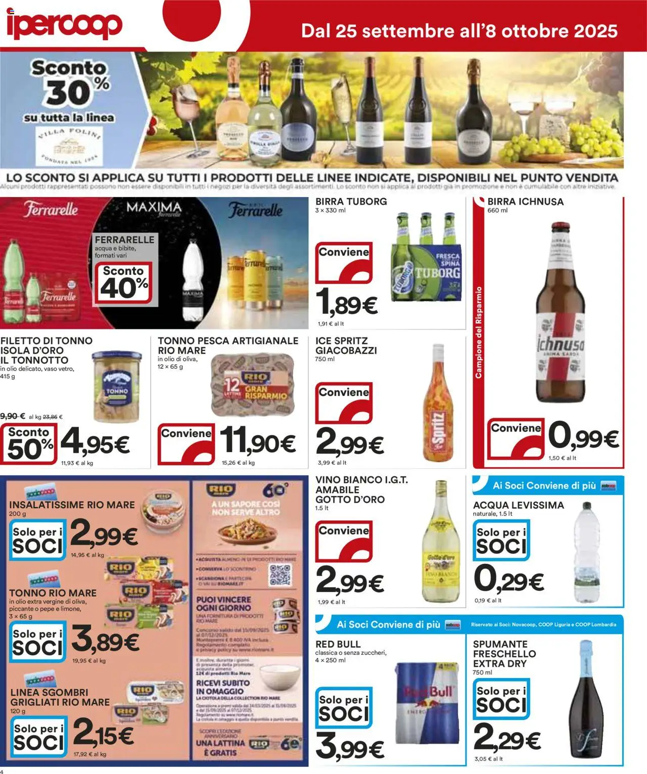 Volantino Ipercoop del 25.09.2025 | Pagina: 4 | Prodotti: Acqua, Vino, Spumante, Vino bianco