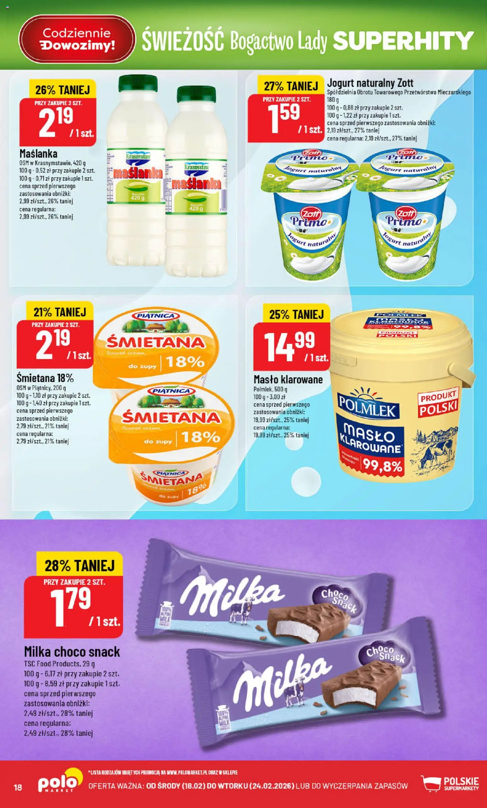 POLOmarket Gazetka od 18.02.2026 | Strona: 18 | Produkty: Maślanka, Jogurt naturalny, Milka, Masło