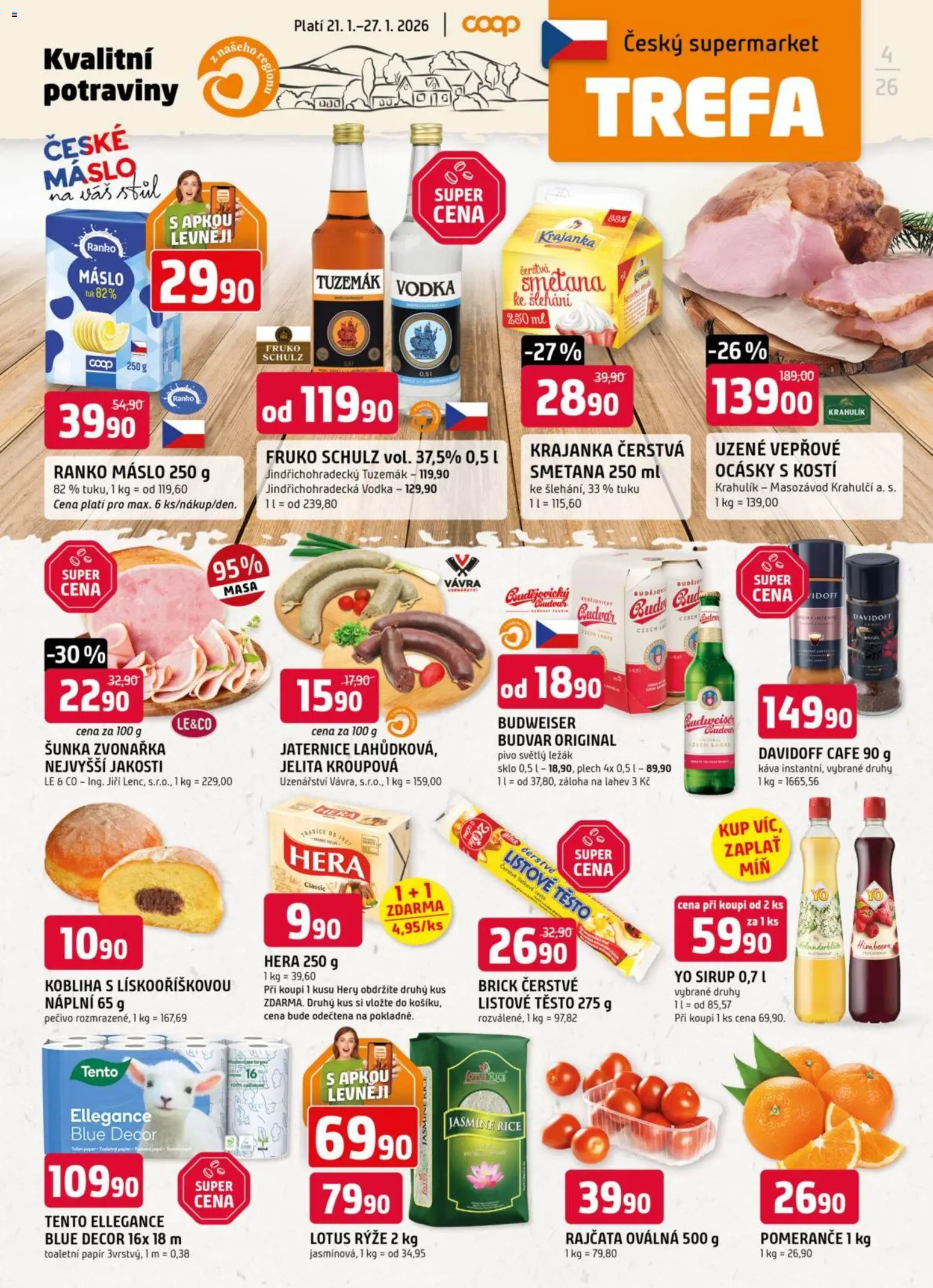 Trefa leták od 21.01.2026 | Strana: 1 | Produkty: Šunka, Pivo, Listové těsto, Lotus