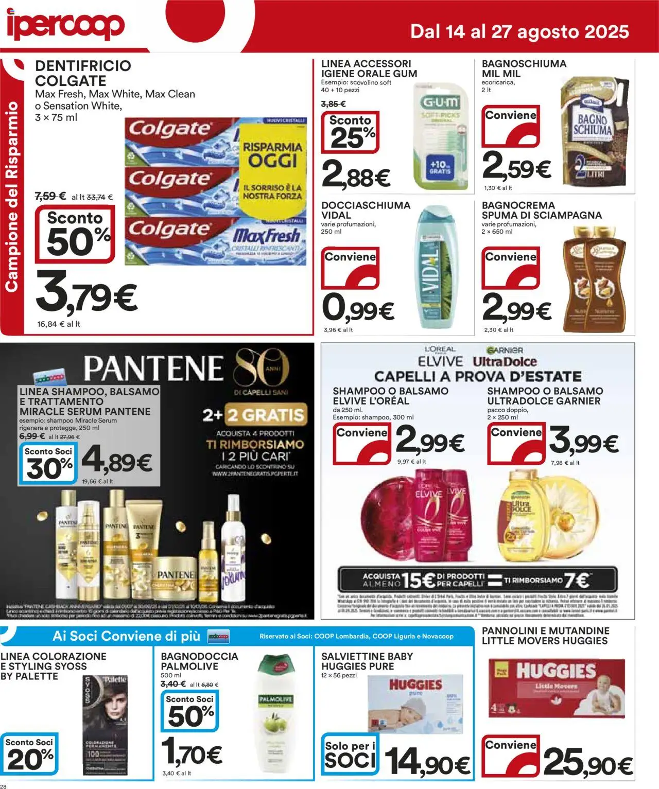 Volantino Ipercoop del 14.08.2025 | Pagina: 28 | Prodotti: Pannolini, Bagnoschiuma, Dentifricio, Bagno