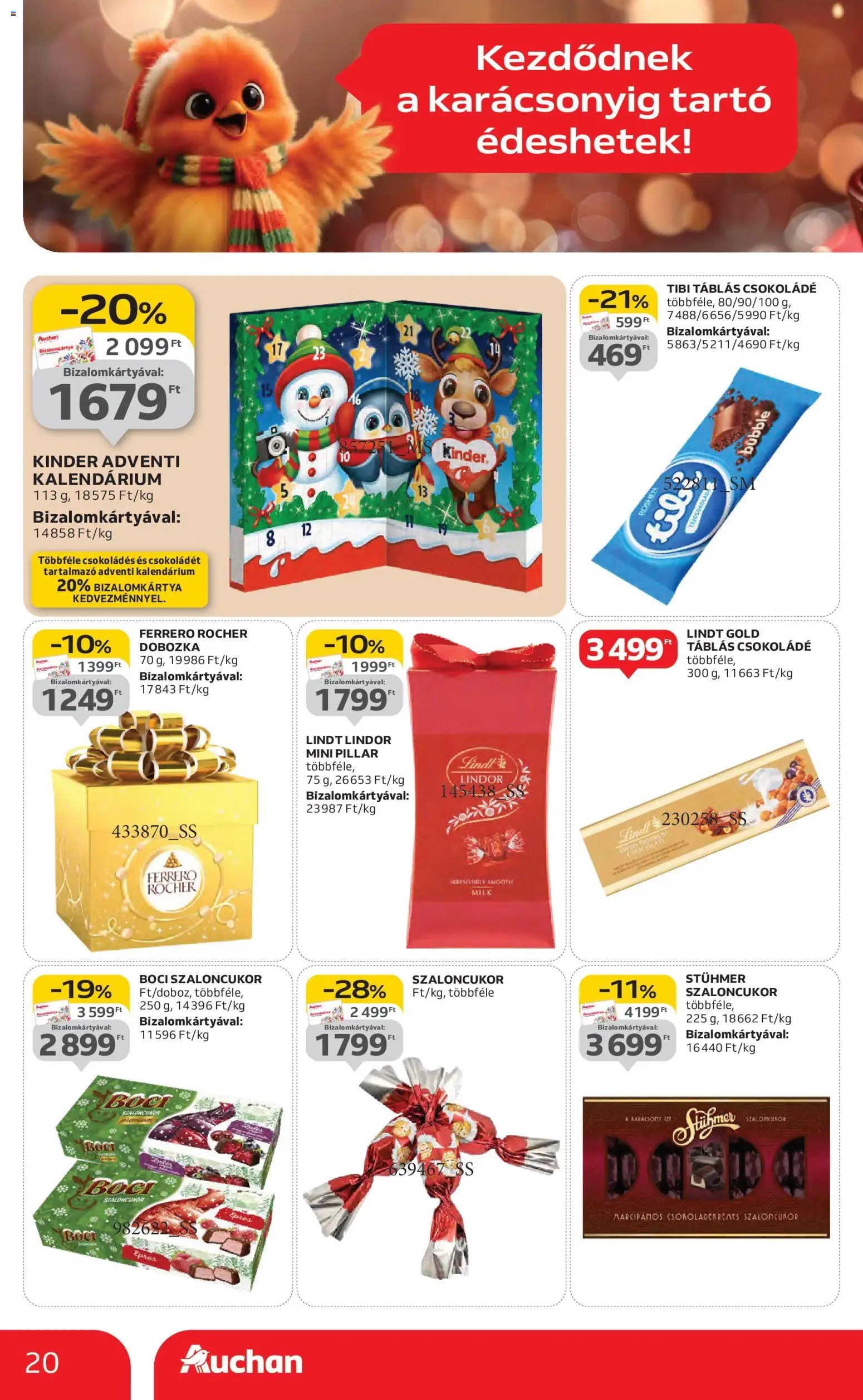 Auchan akciós ujság - amely érvényes a következő dátumtól: 30.10.2025 | Oldal: 20 | Termékek: Szaloncukor, Ferrero rocher, Csokoládé