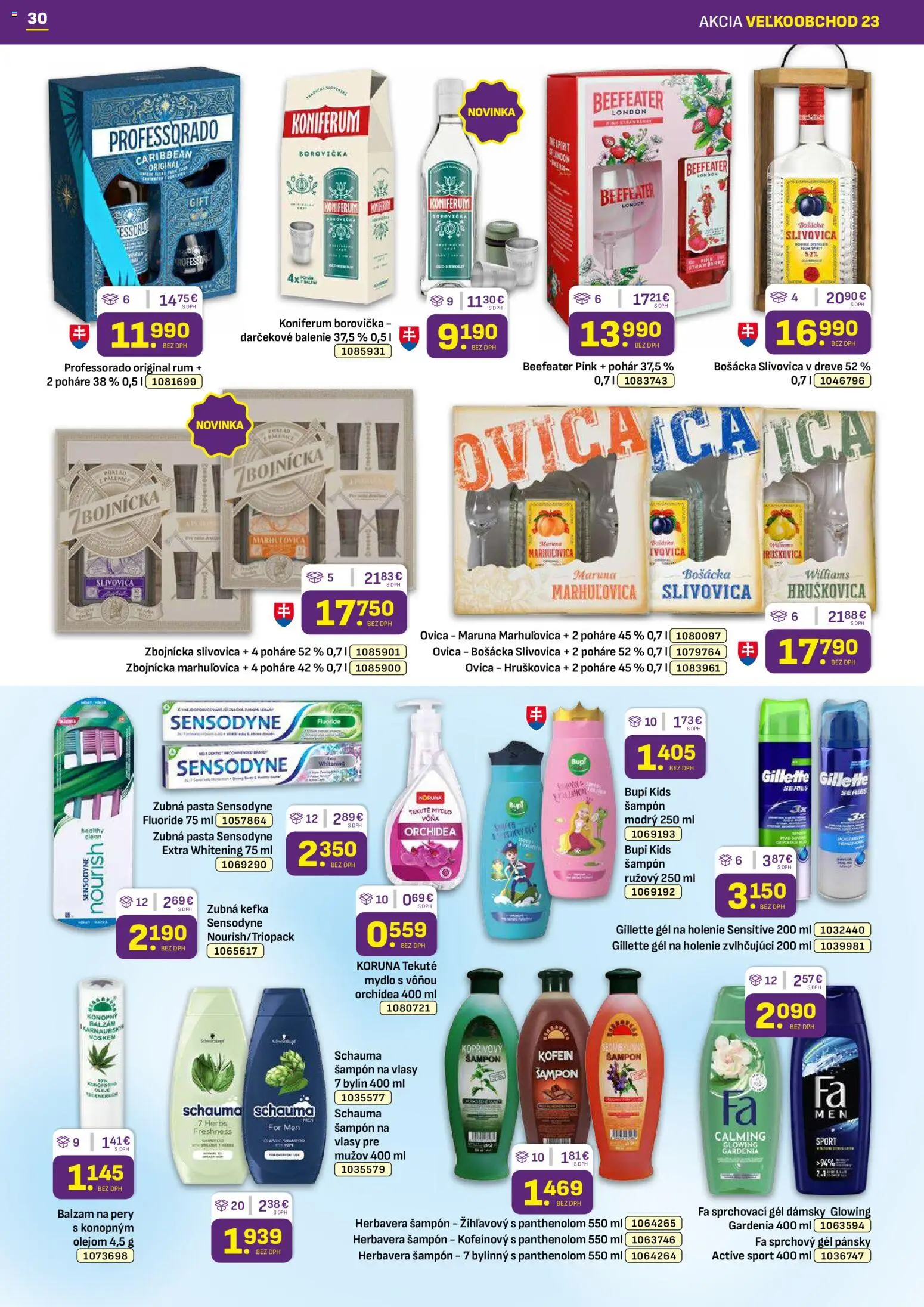 Nové Libex akcie – leták je platný od 17.11.2025 | Strana: 30 | Produkty: Zubná kefka, Bošácka slivovica, Sprchový gél