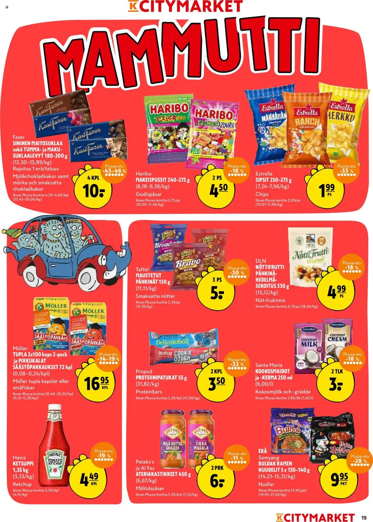 K-Citymarket tarjoukset – voimassa 09.10.2025 alkaen | Sivu: 19 | Tuotteet: Makeispussit, Suklaalevyt, Pähkinät, Kerma