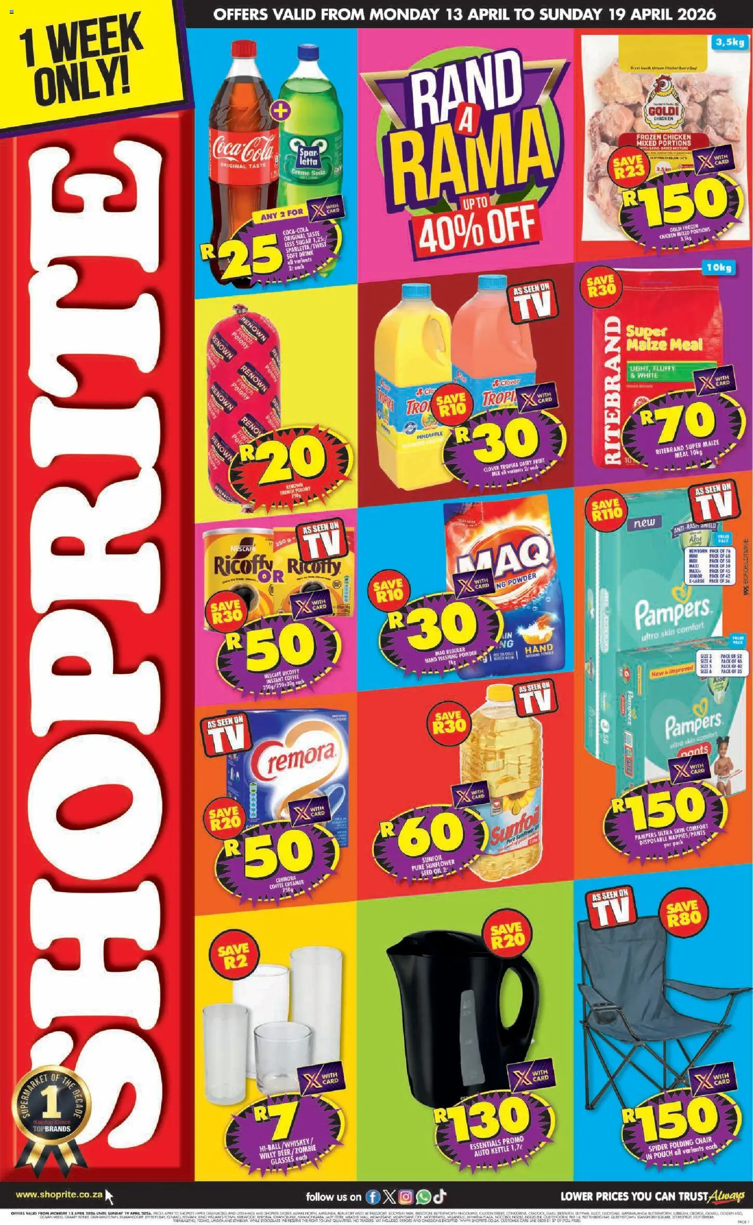 New Shoprite catalogue – valid from 13.04.2026 | Page: 1 | Products: Chair, Juice, Pineapple, Washing powder