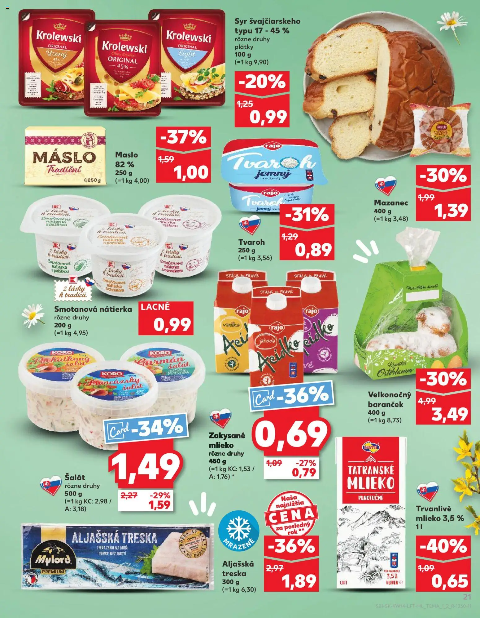 Nové Kaufland akcie – leták je platný od 01.04.2026 | Strana: 21 | Produkty: Maslo, Mlieko, Acidko, Treska