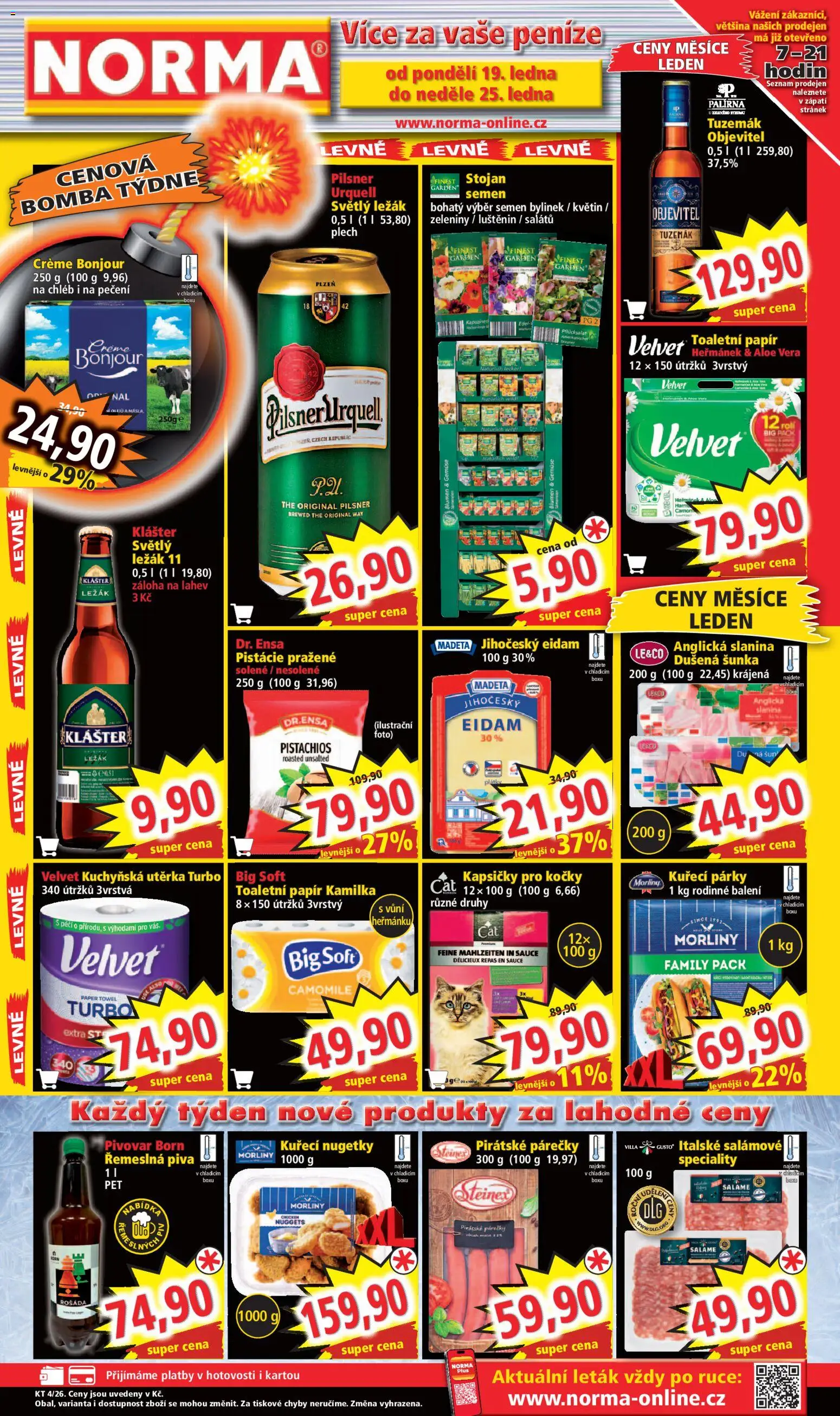 Norma leták od 19.01.2026 | Strana: 1 | Produkty: Kapsičky pro kočky, Pilsner, Plech, Tuzemák