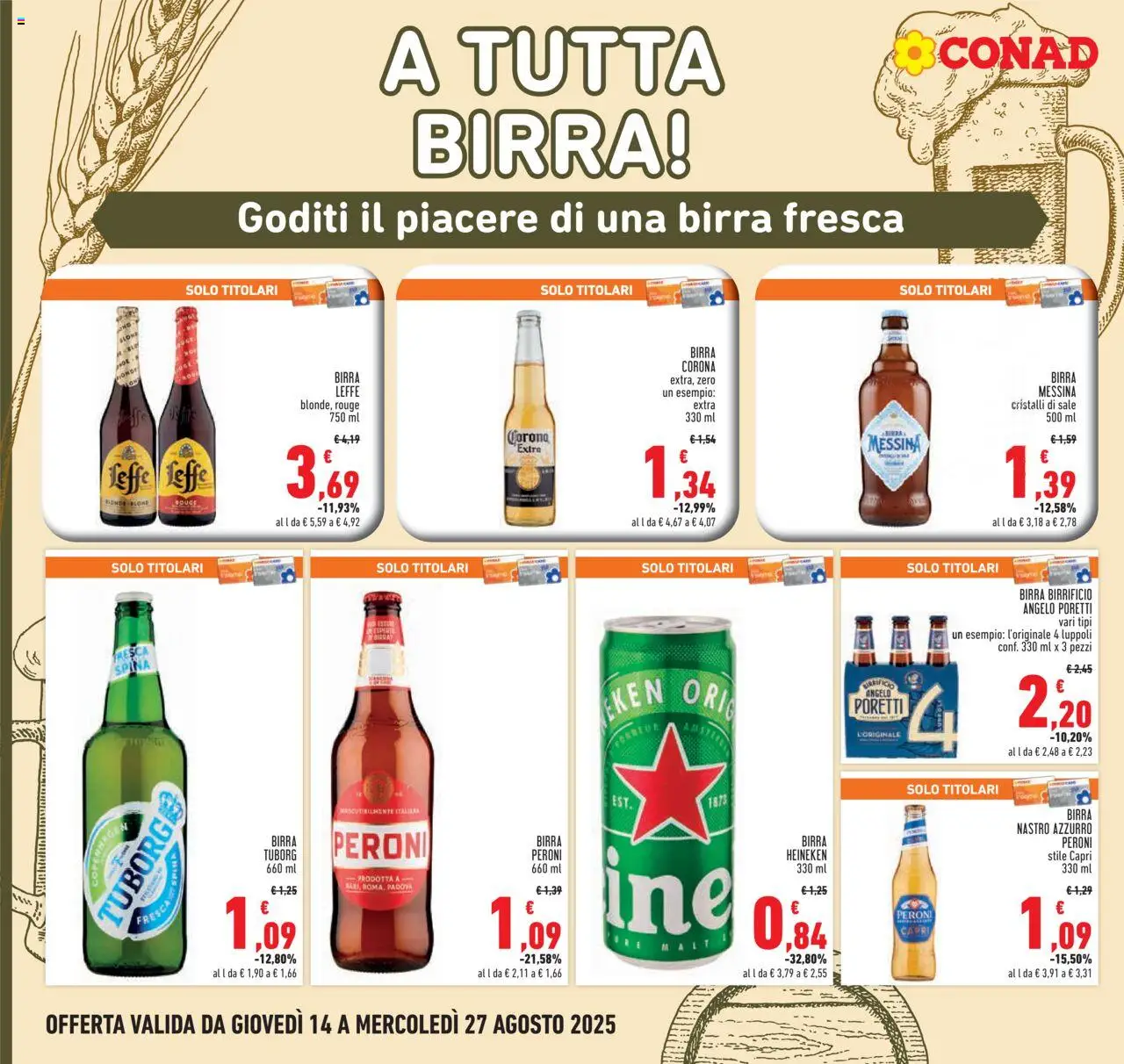 Volantino Conad del 14.08.2025 | Pagina: 14 | Prodotti: Birra, Sale, Birra messina, Heineken