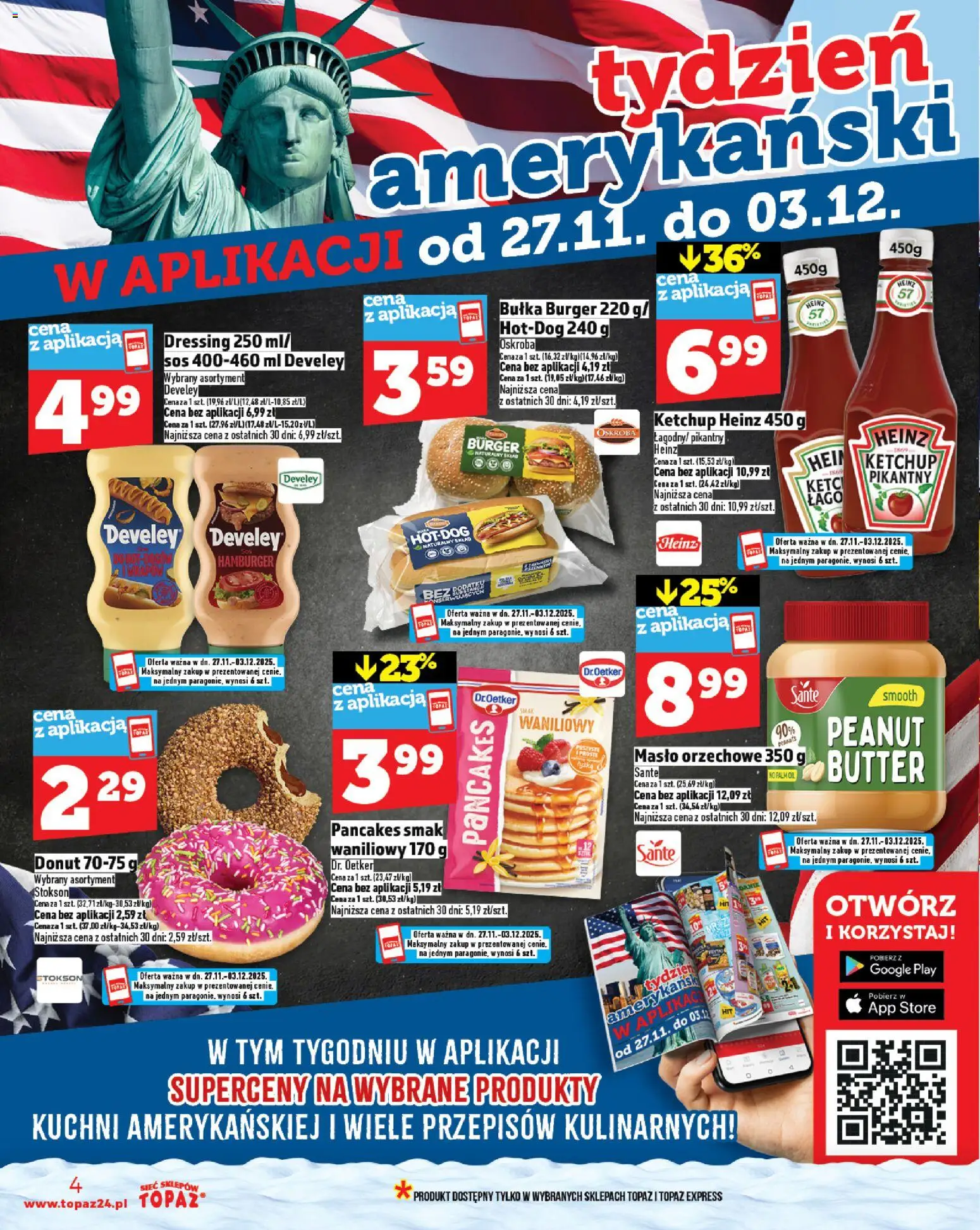 Topaz Gazetka MAZ od 27.11.2025 | Strona: 4 | Produkty: Masło orzechowe, Hamburger, Pancakes, Sos