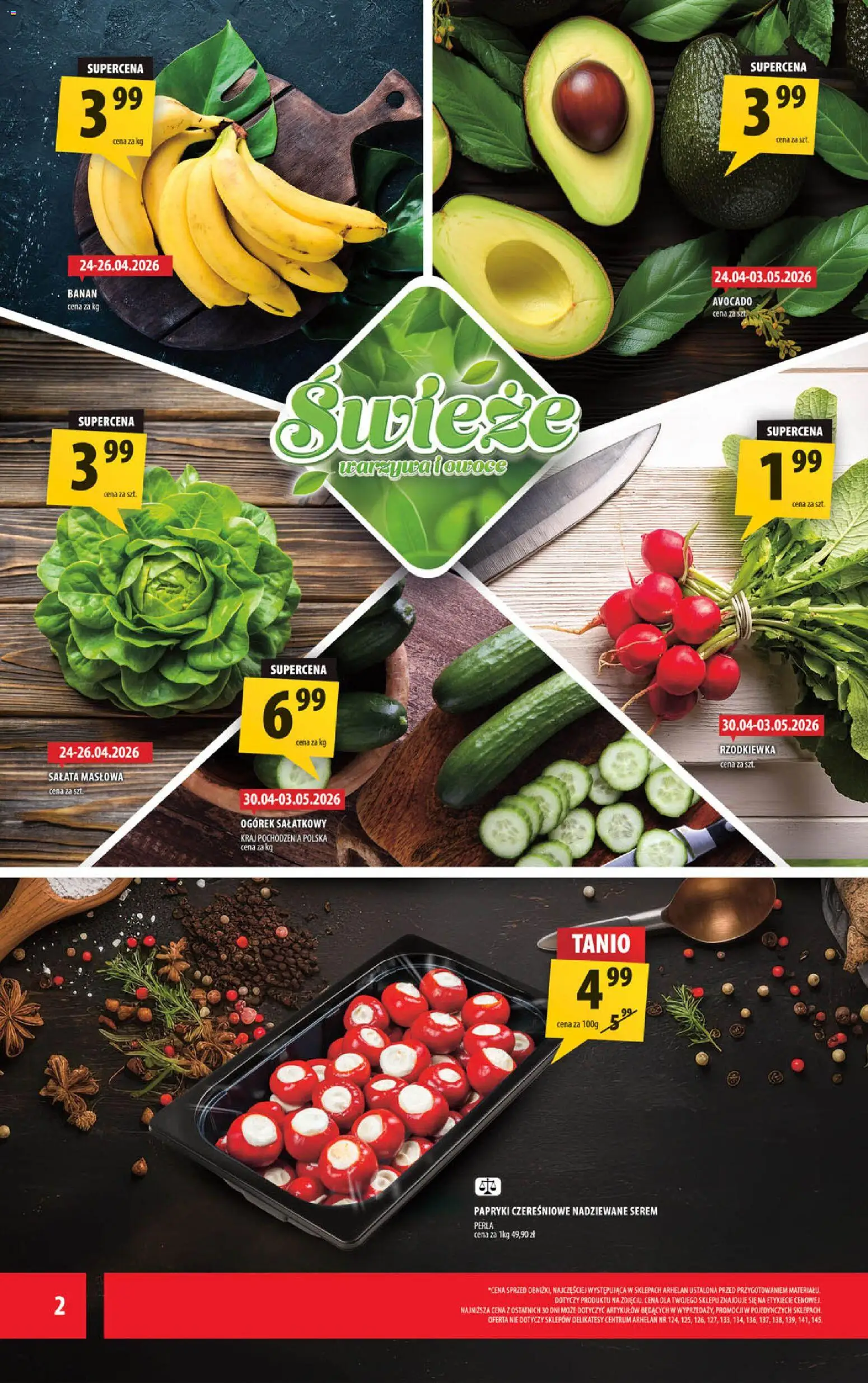 Arhelan gazetka od 24.04.2026 | Strona: 2 | Produkty: Delikatesy, Banan, Warzywa, Owoce