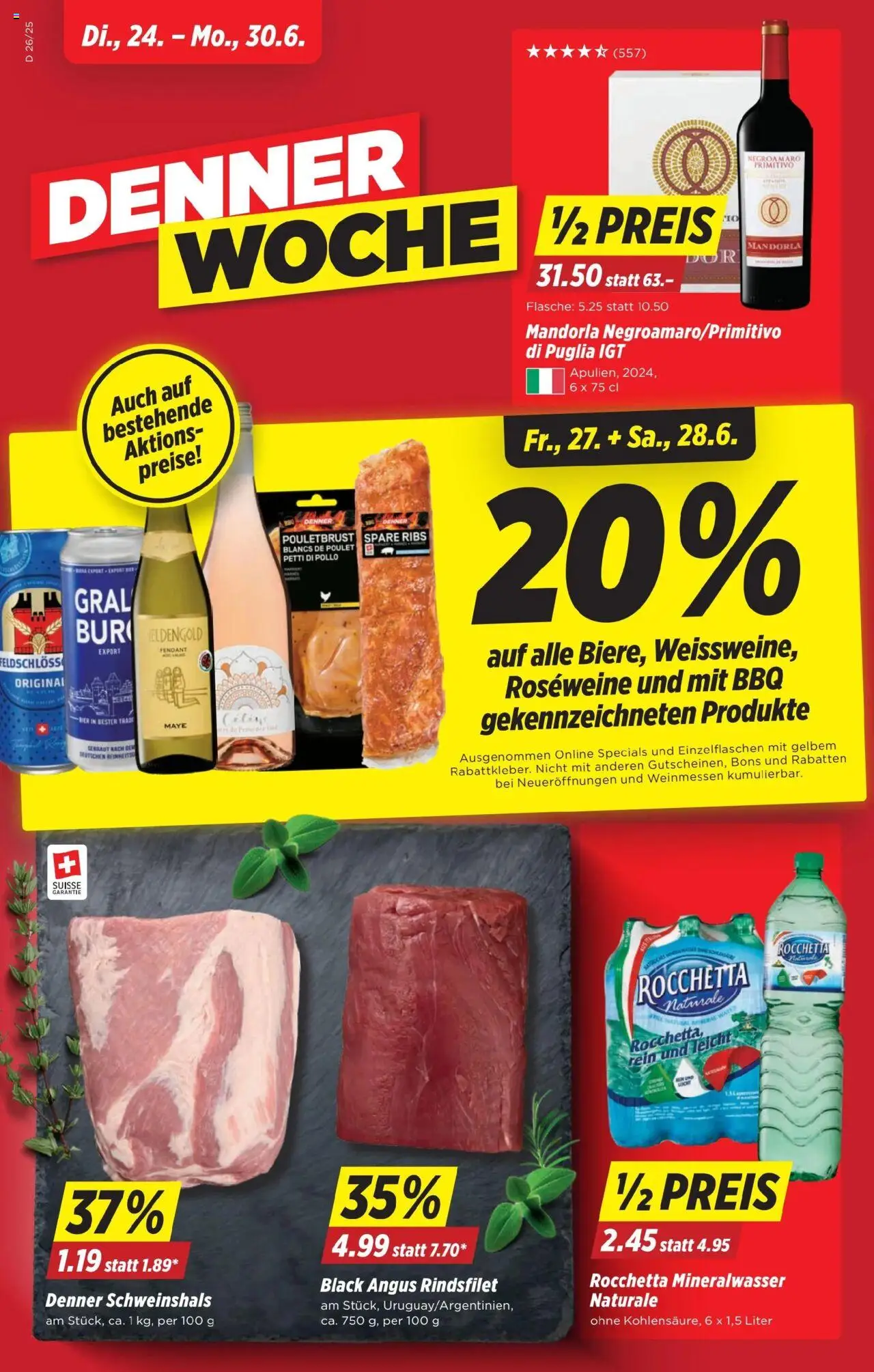 Denner Aktionen ab 24.06.2025 | Seite: 1 | Produkte: Pouletbrust, Spare Ribs, Mineralwasser