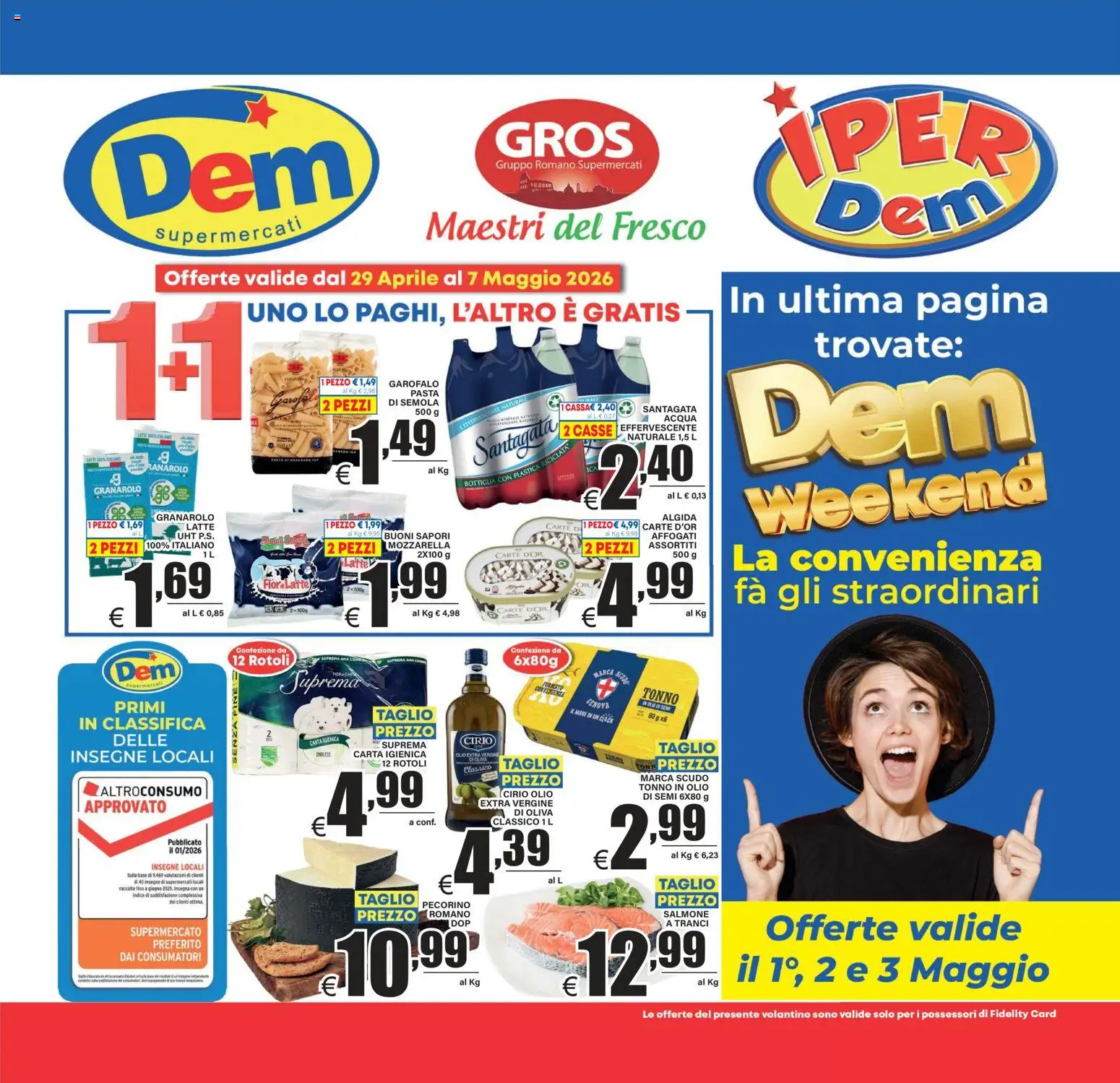 Volantino DEM del 29.04.2026 | Pagina: 1 | Prodotti: Carta igienica, Acqua, Latte, Pecorino
