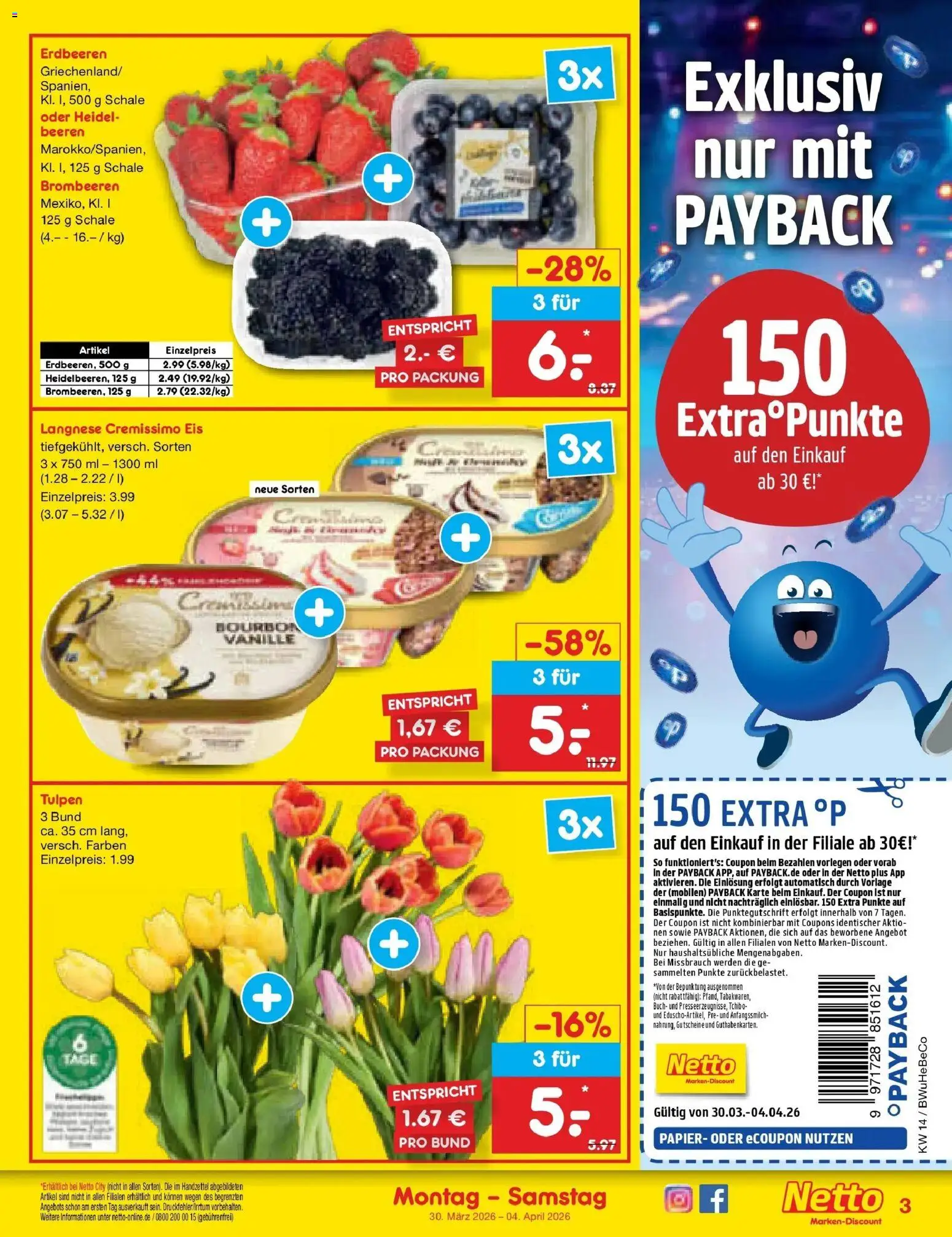 Netto Marken-Discount Prospekt Kremmen	 – gültig ab 29.03.2026 | Seite: 3 | Produkte: Langnese cremissimo, Bourbon, Erdbeeren, Eis