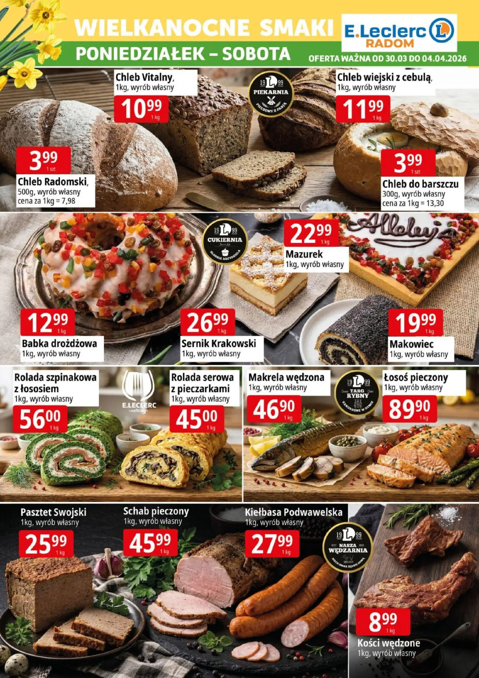 E.Leclerc gazetka - Radom od 30.03.2026 | Strona: 4 | Produkty: Piekarnia, Łosoś, Kiełbasa podwawelska, Babka