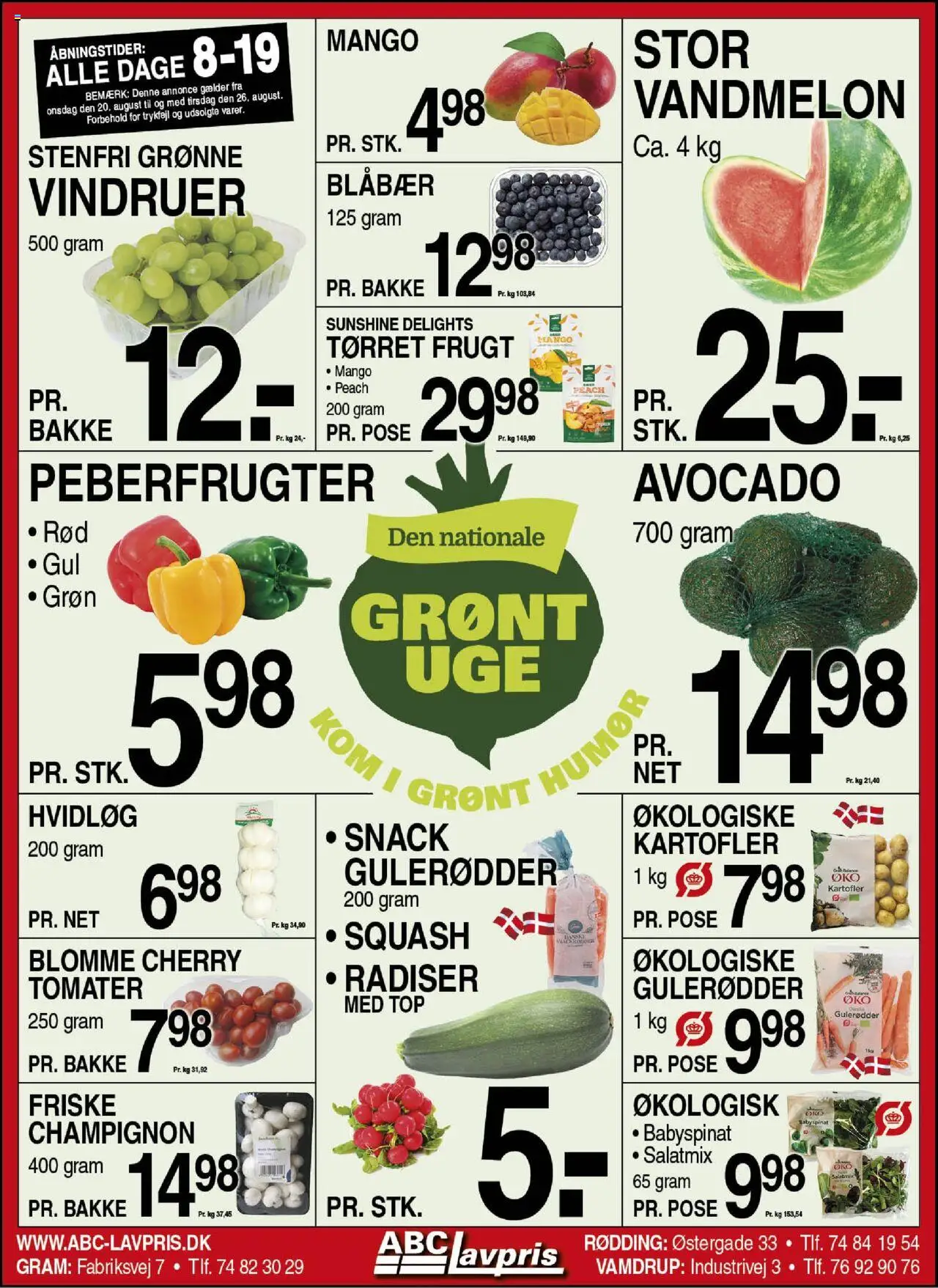 Abc Lavpris Tilbudsavis gyldig fra 20.08.2025 | Side: 1 | Produkter: Blåbær, Tomater, Gulerødder, Avocado