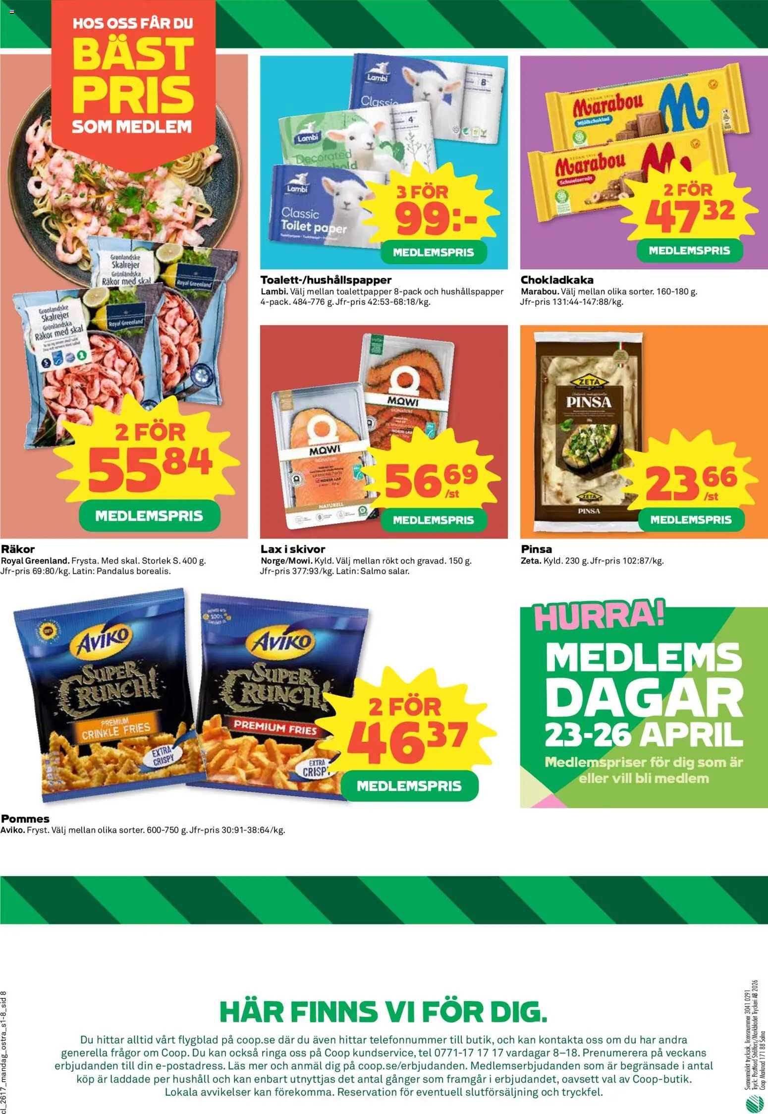 Coop Daglivs reklamblad aktuell från 20.04.2026 | Sida: 8 | Produkter: Chokladkaka, Toalettpapper, Hushållspapper, Räkor