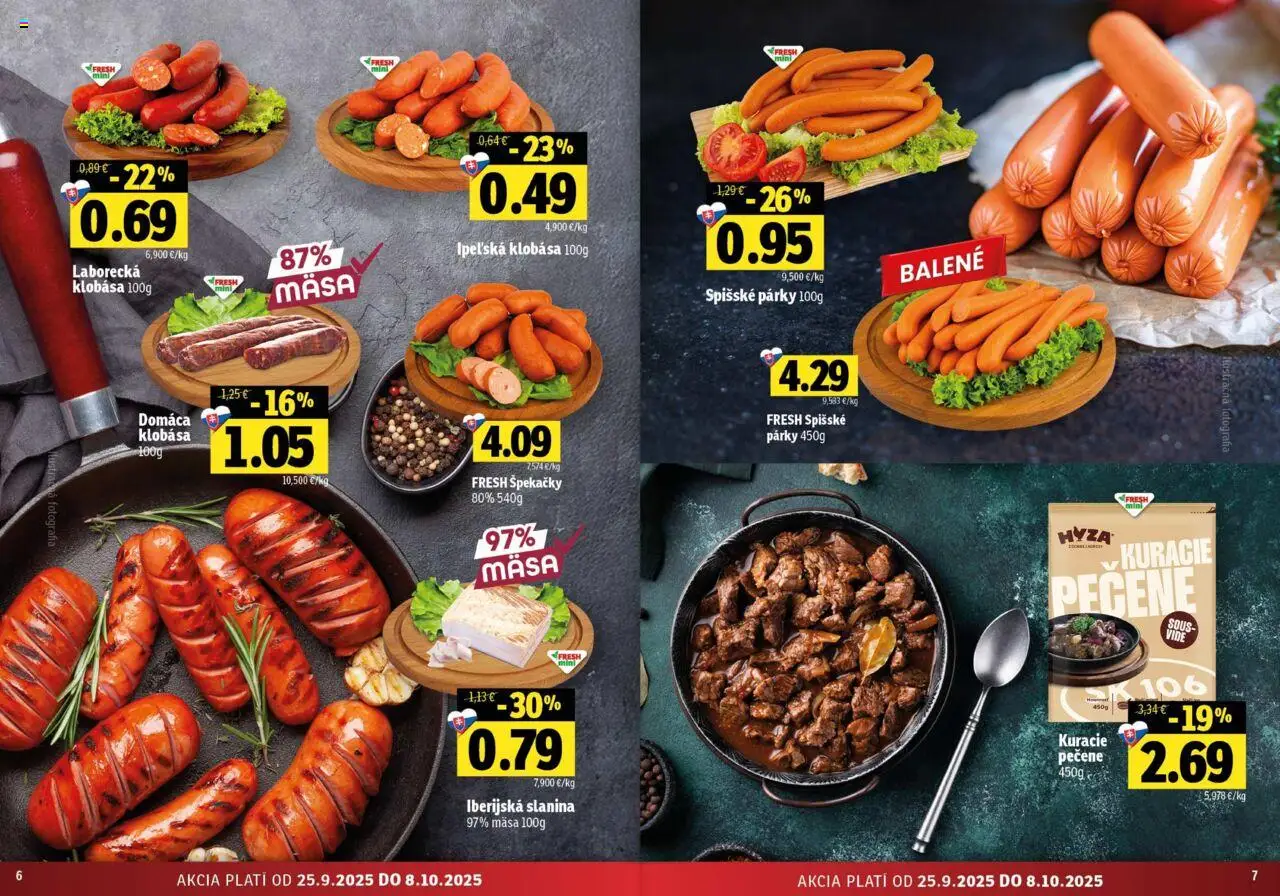 Nové Fresh akcie – leták je platný od 25.09.2025 | Strana: 4 | Produkty: Slanina, Klobása, Párky