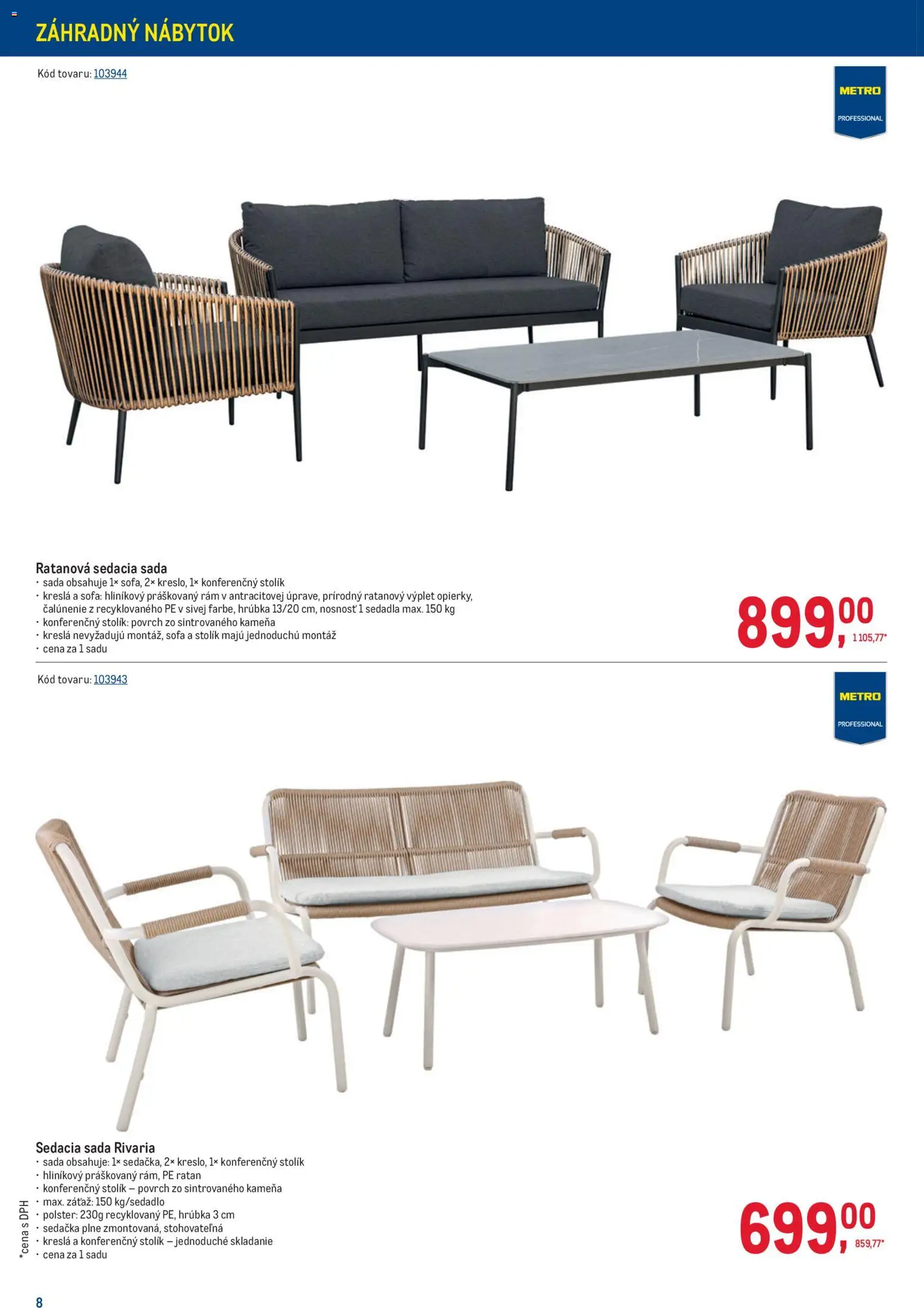 Nové Metro akcie – leták je platný od 08.04.2026 | Strana: 8 | Produkty: Nábytok, Kreslá, Sedačka, Záhradný nábytok