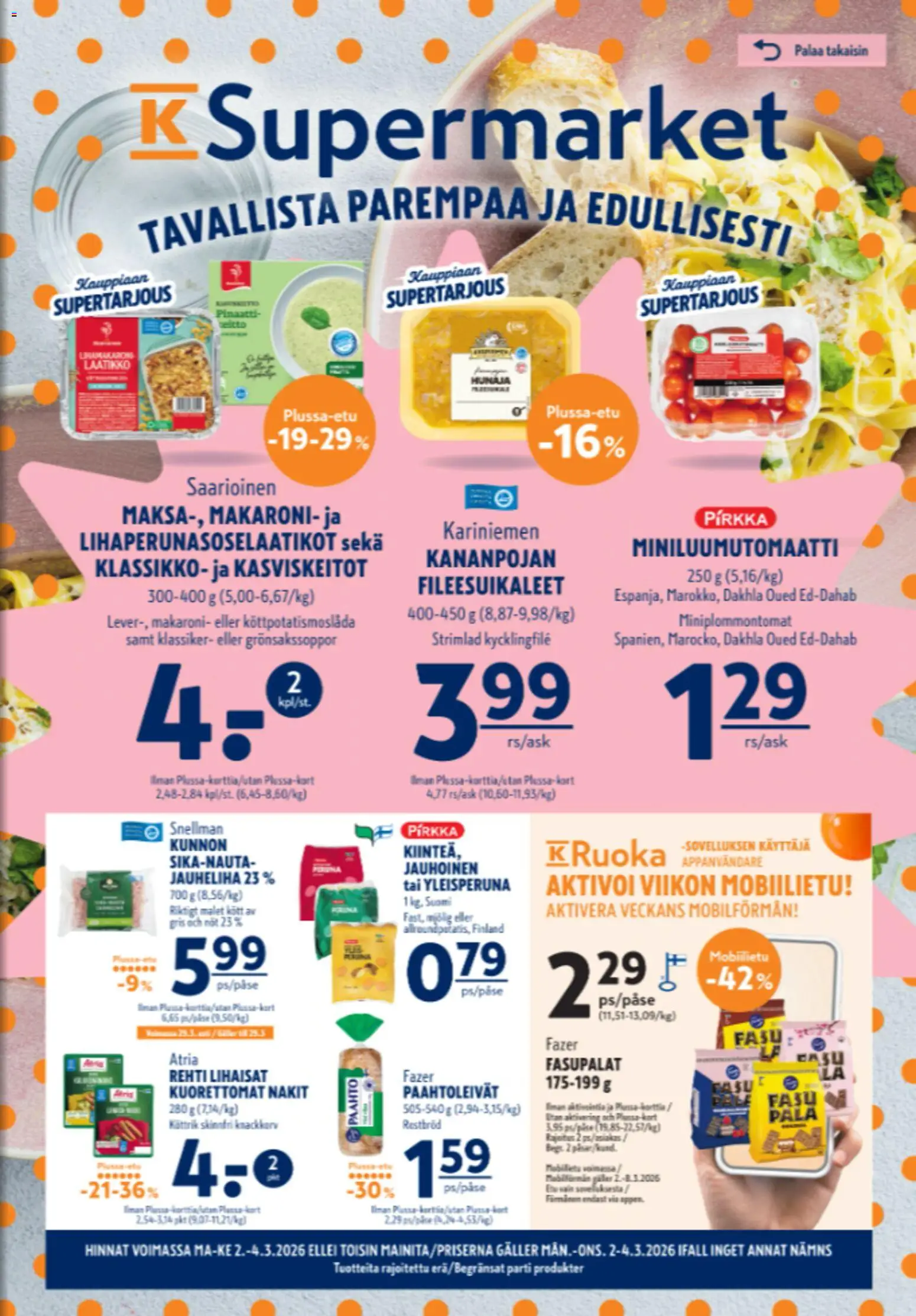 K-Supermarket tarjoukset – voimassa 02.03.2026 alkaen | Sivu: 1 | Tuotteet: Jauheliha, Laatikko, Pinaatti, Hunaja