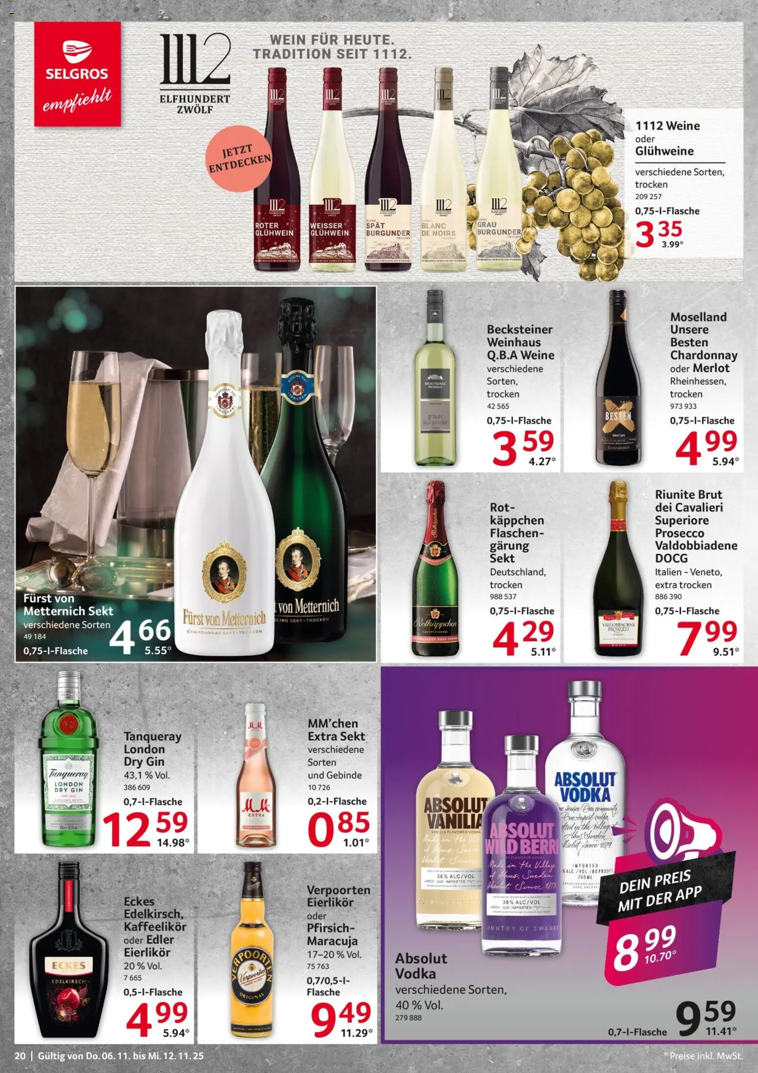 Selgros Prospekt 	 – gültig ab 06.11.2025 | Seite: 20 | Produkte: Merlot, Prosecco, Pfirsich, Vodka