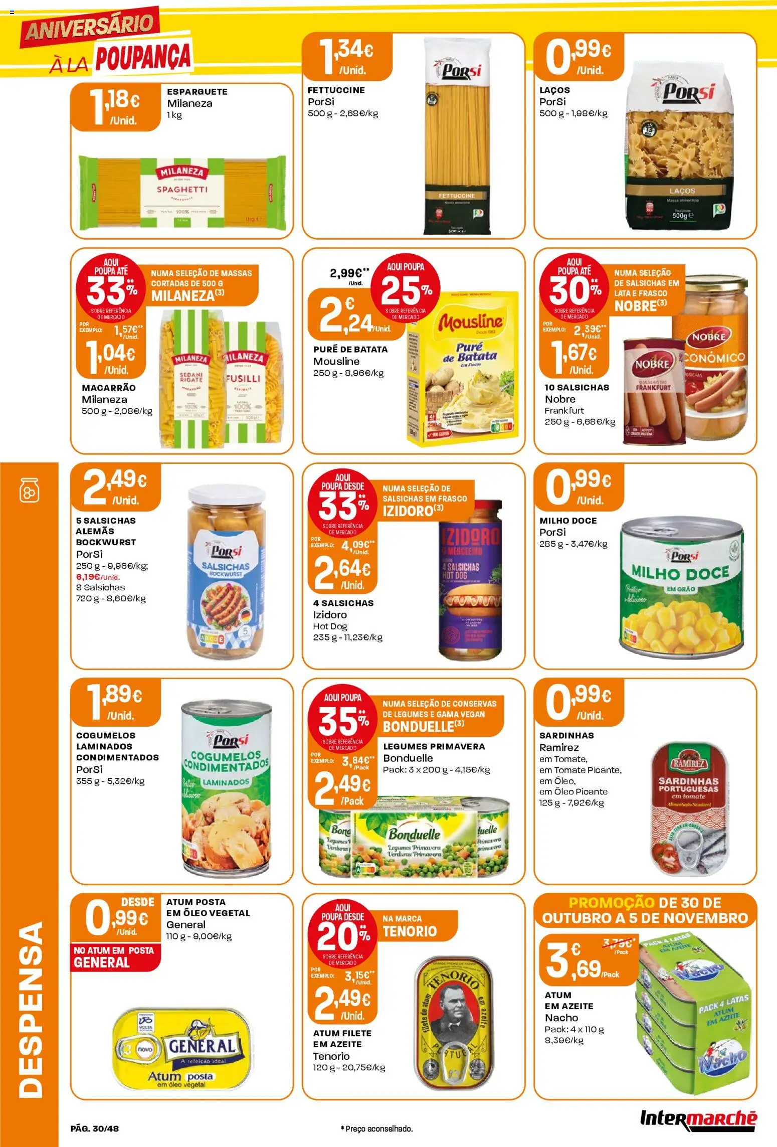Intermarché folheto │ válido de 30.10.2025 | Página: 30 | Produtos: Batata, Esparguete, Milaneza, Óleo